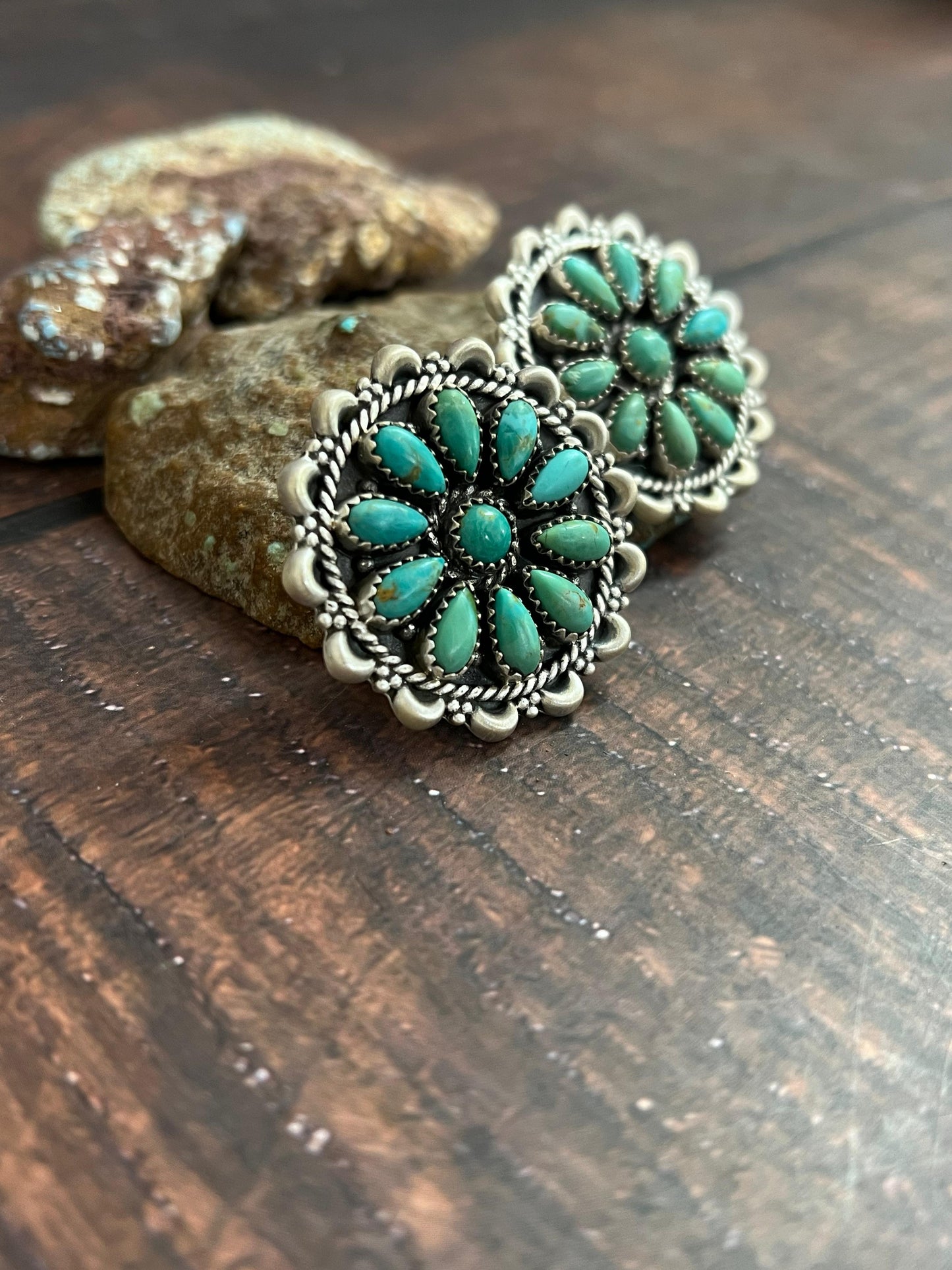 Handmade Sterling Silver Kingman Turquoise Studs with Signed Nizhoni