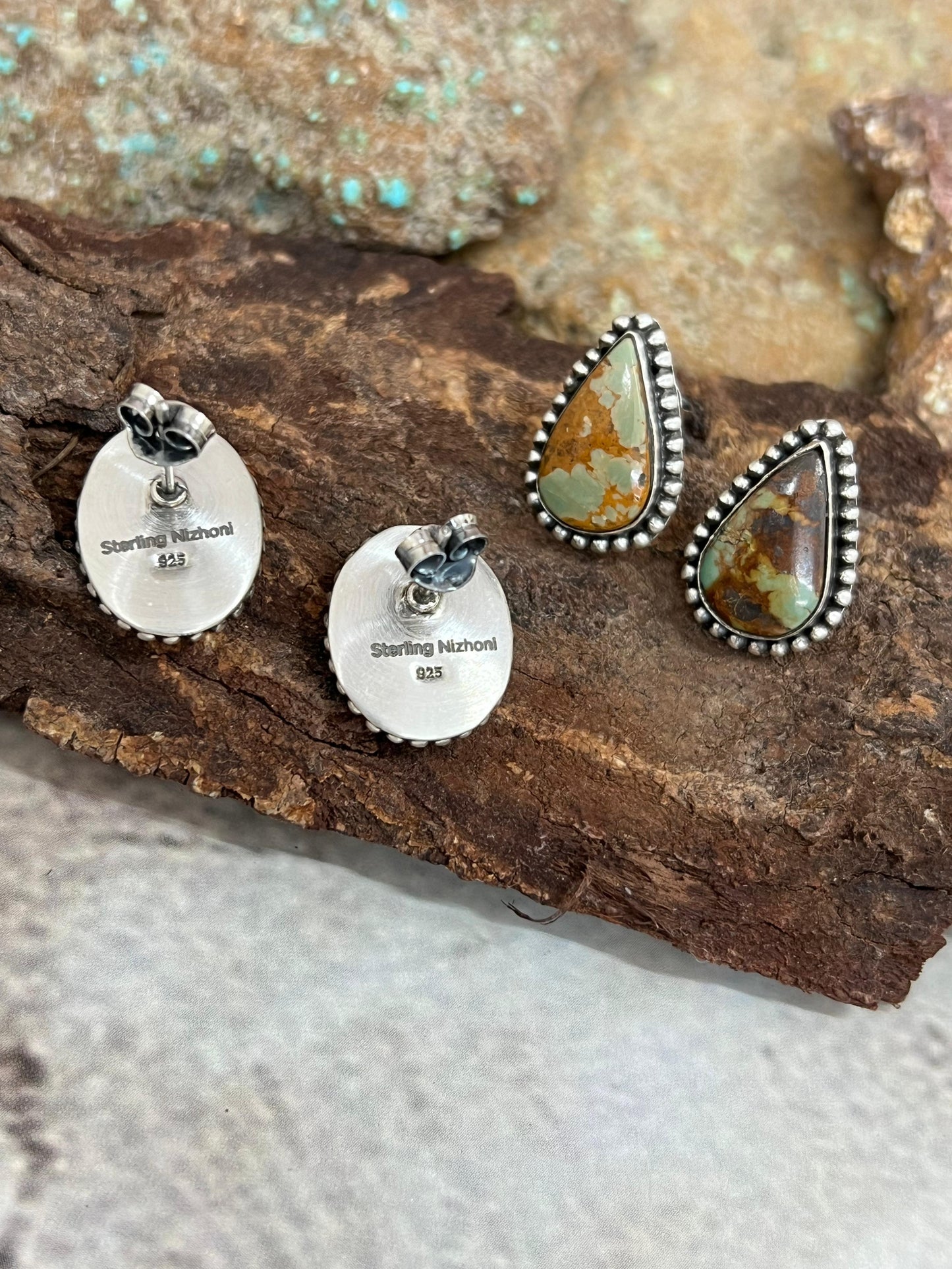Handmade Sterling Silver Old Stock Royston Turquoise Post Studs with Signed Nizhoni