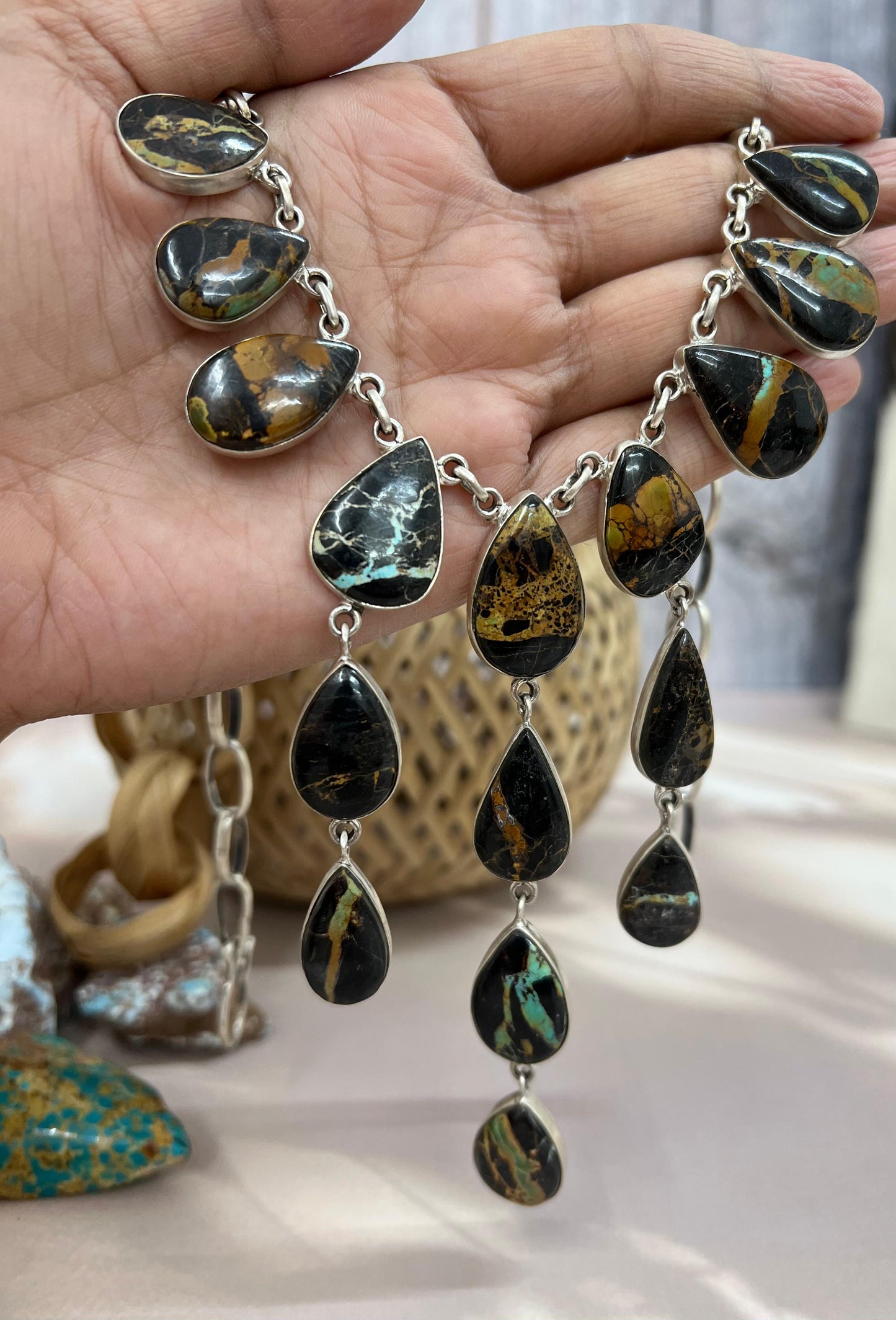 Handmade Sterling Silver Black Jack Necklace with Signed Nizhoni