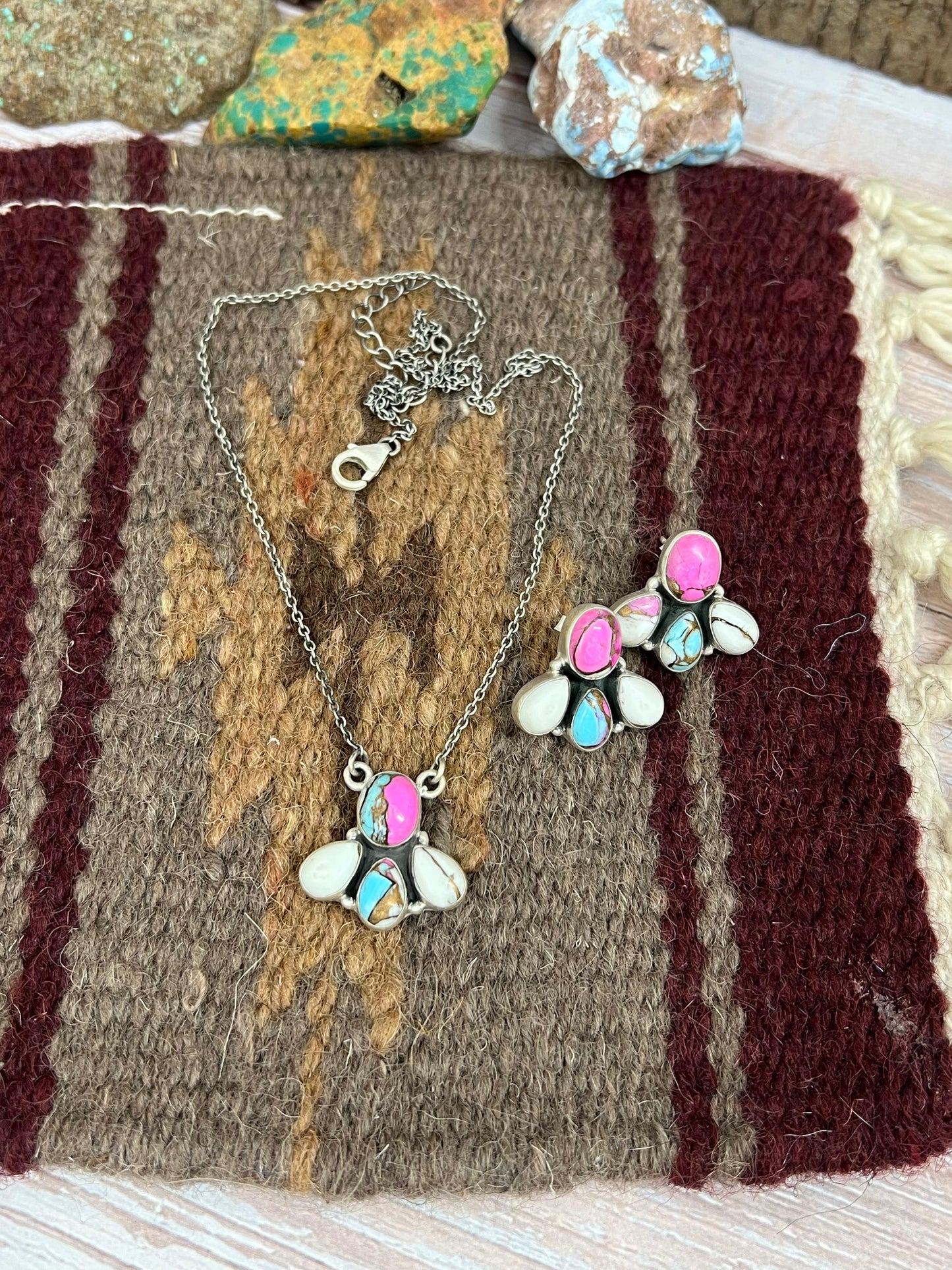 Handmade Sterling Silver Cotton Candy  Necklace Earrings Set with Signed Nizhoni
