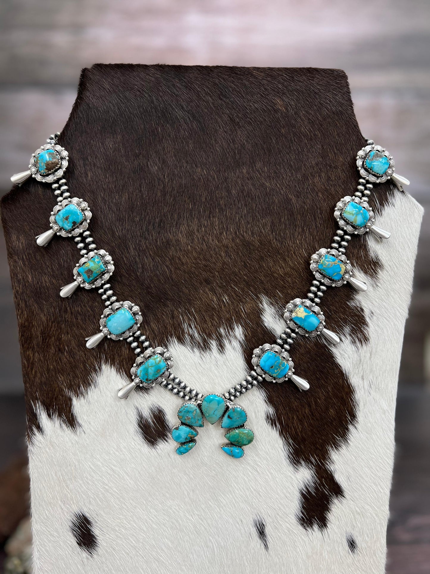 Handmade Sterling Silver South Hill Turquoise Beaded Necklace with Signed Nizhoni