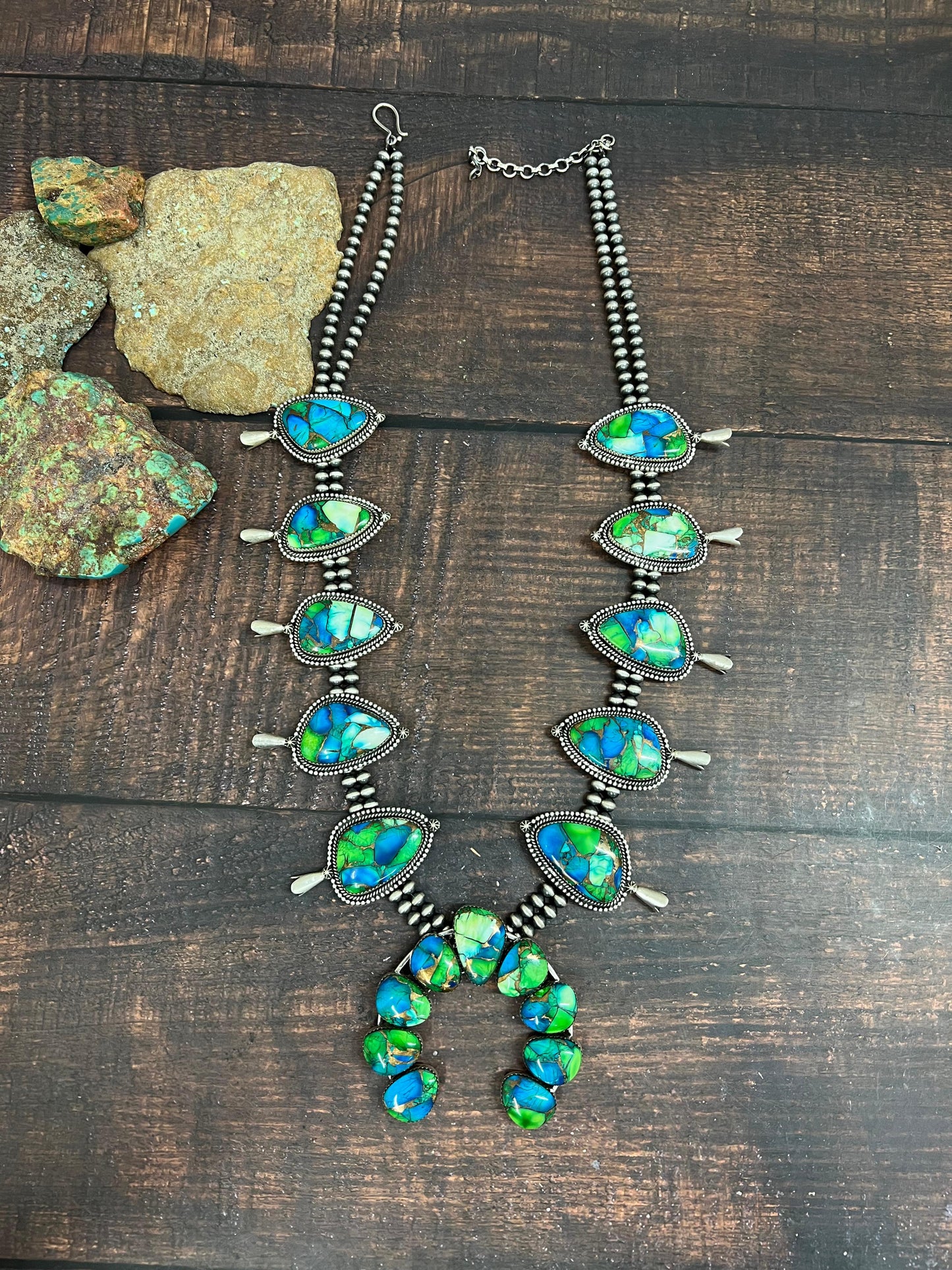 Handmade Sterling Silver Peacock Dahlia Beaded Necklace with Signed Nizhoni