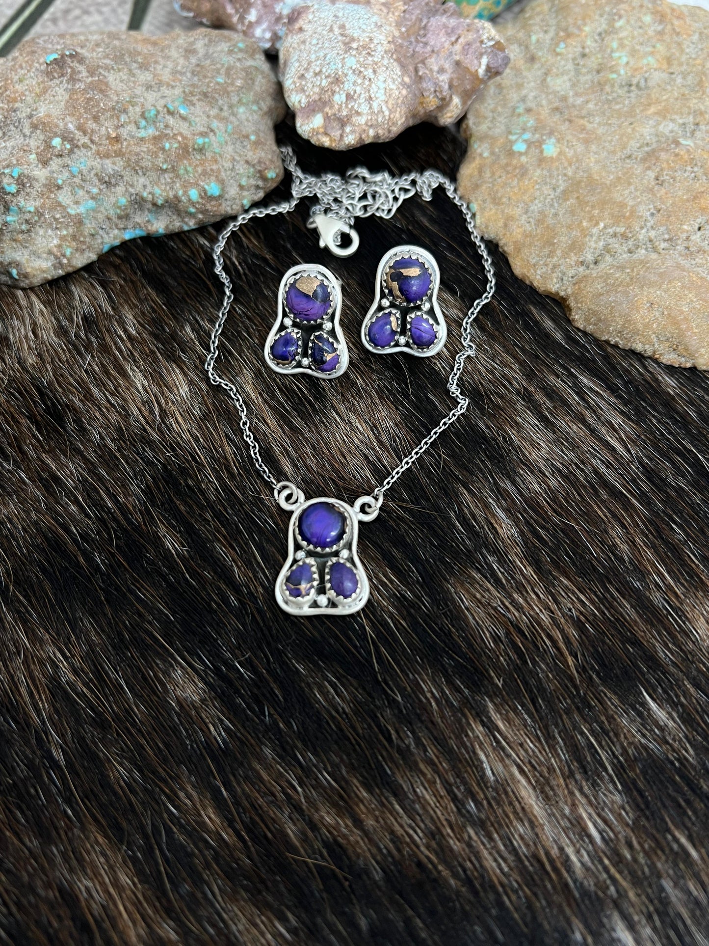 Handmade Sterling Silver Grape Dahlia Necklace Earrings Set, Signed Nizhoni