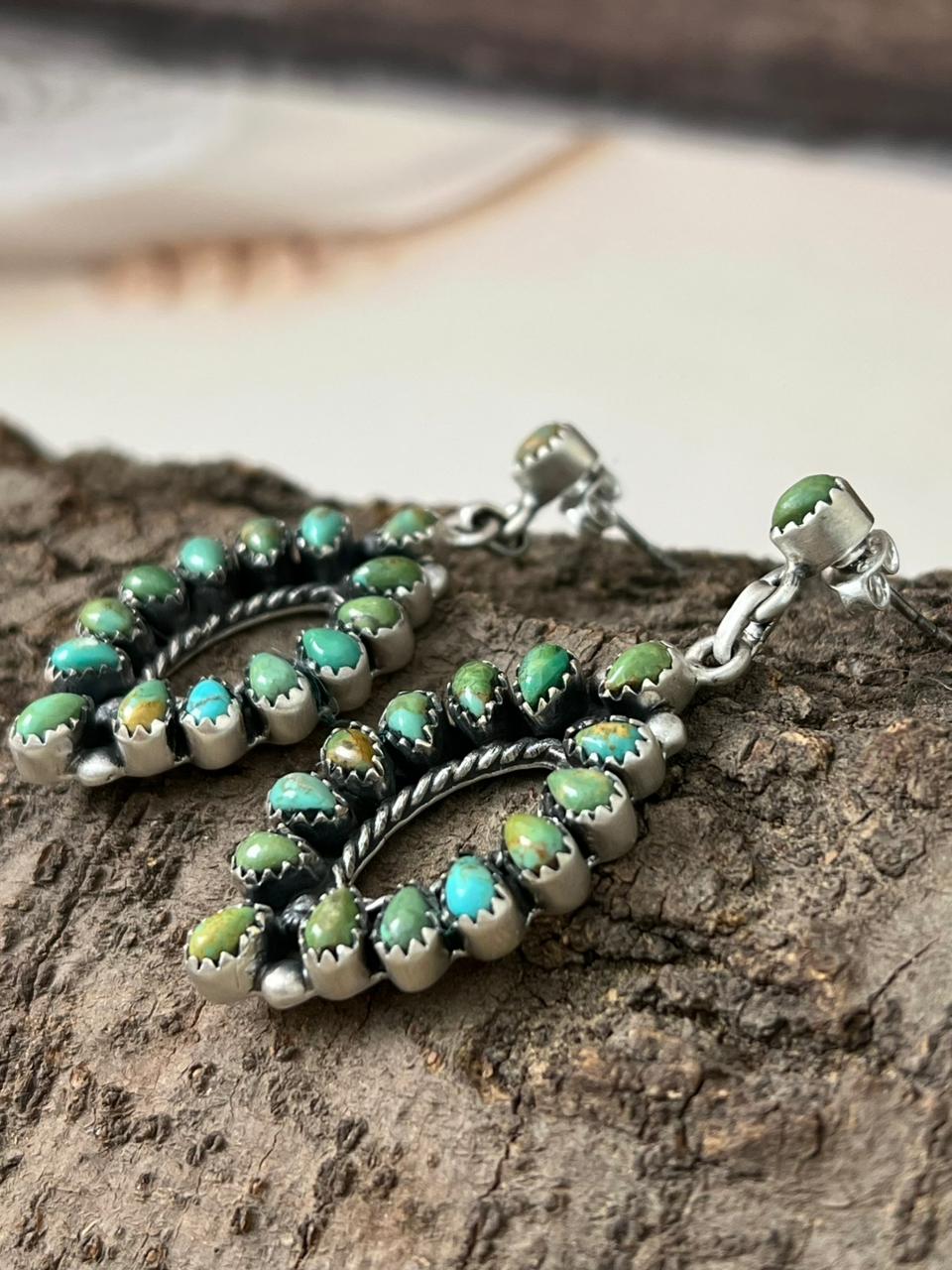 Handmade Sterling Silver Kingman Turquoise Post Dangle Earrings "Signed Nizhoni" (3)