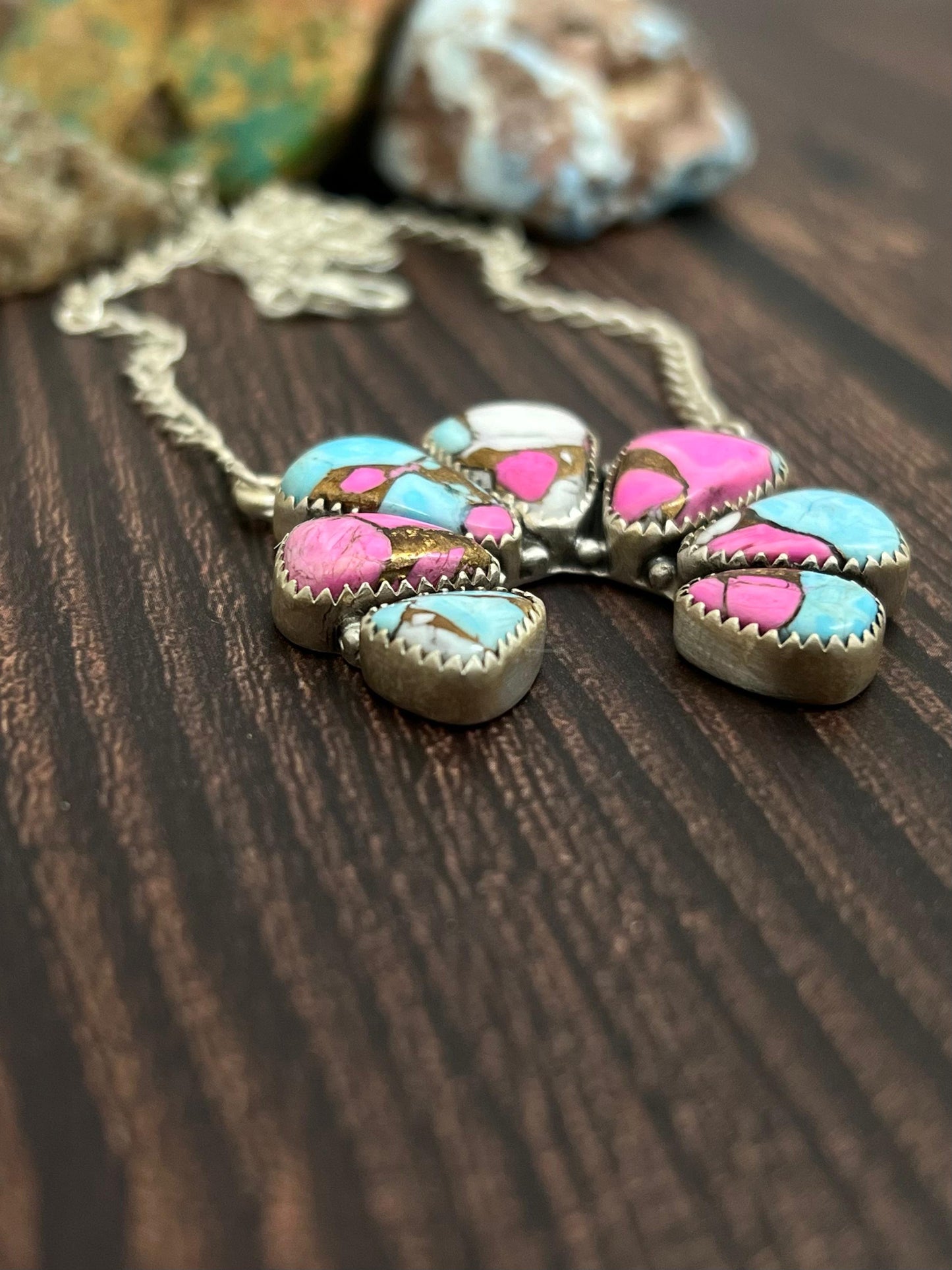 Handmade Sterling Silver Cotton Candy Turquoise Necklace with Signed Nizhoni