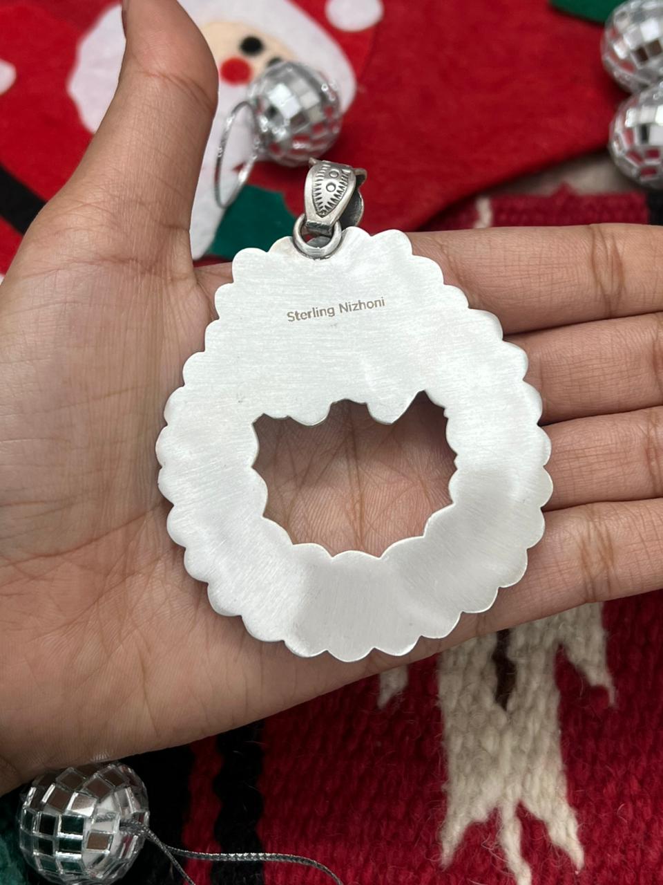"Christmas Collection" Handmade Sterling Silver Red Opal with White Buffalo Pendant " Signed Nizhoni"