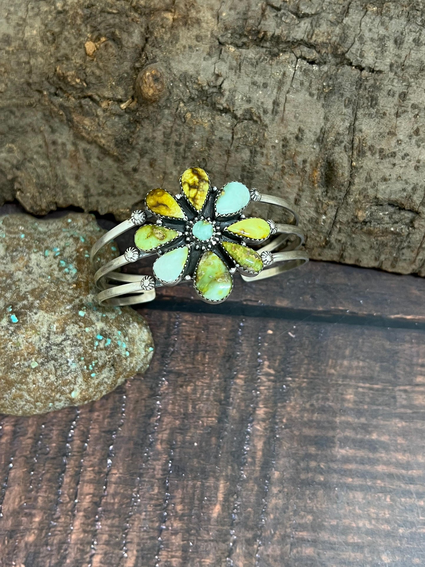 Handmade Sterling Silver Palomino Turquoise Bracelet with Signed Nizhoni