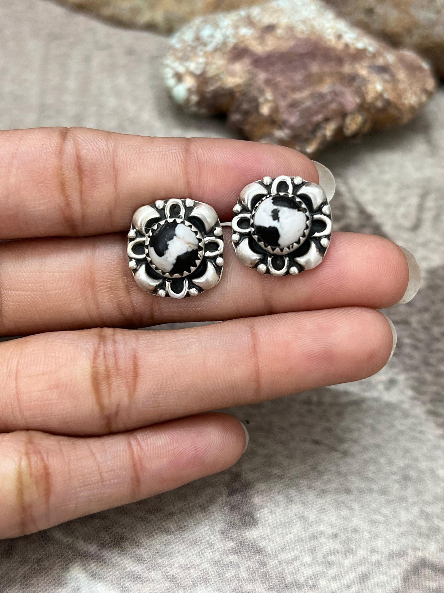 Handmade Sterling Silver White Buffalo Post Studs with Signed Nizhoni