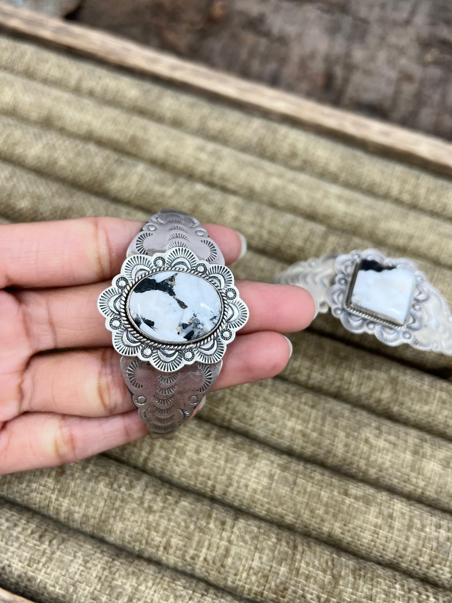 Handmade Sterling Silver White Buffalo Turquoise Cuff Bracelet with Signed Nizhoni