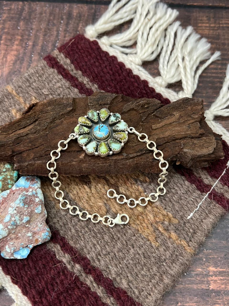 Handmade Sterling Silver Palomino with Golden Hills Turquoise Chain Bracelet "Signed Nizhoni"