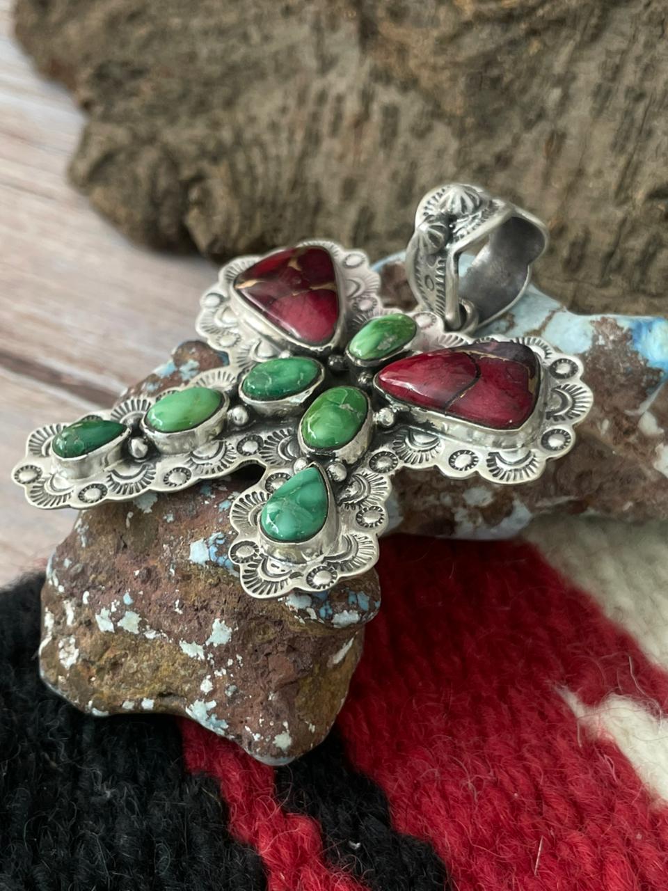 Handmade Sterling Silver Dahlia Rose with Emerald Valley Turquoise Pendant "Signed Nizhoni"