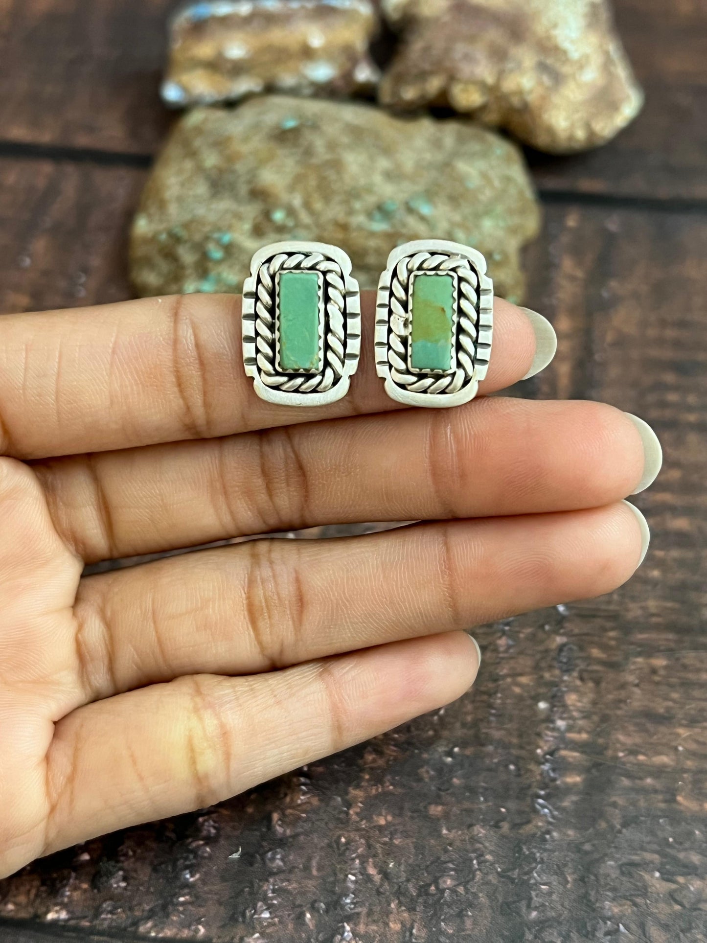 Handmade Sterling Silver Kingman Turquoise Studs with Signed Nizhoni