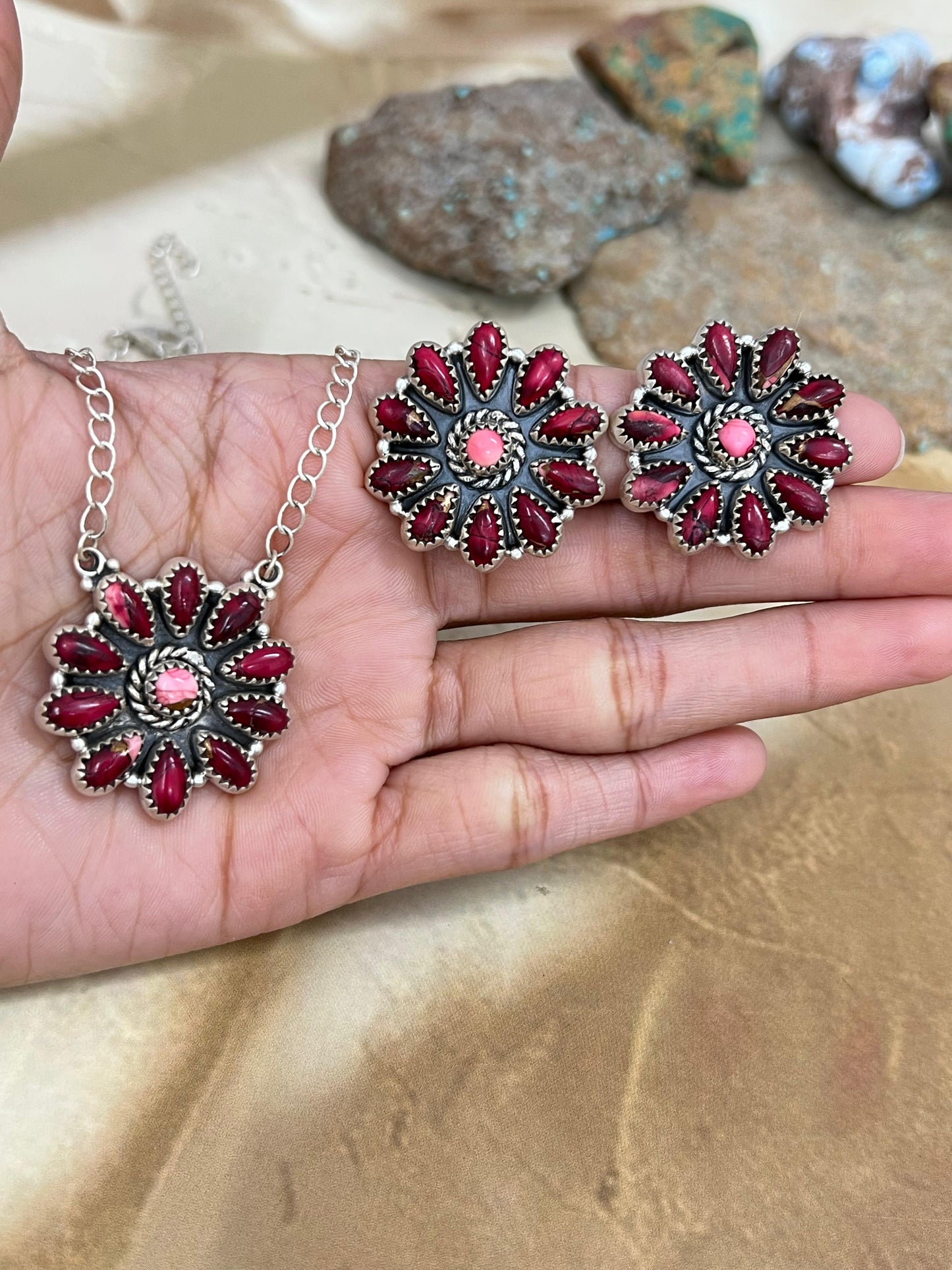 Handmade Sterling Silver Multi Stone Necklace Earrings Set, Signed Nizhoni
