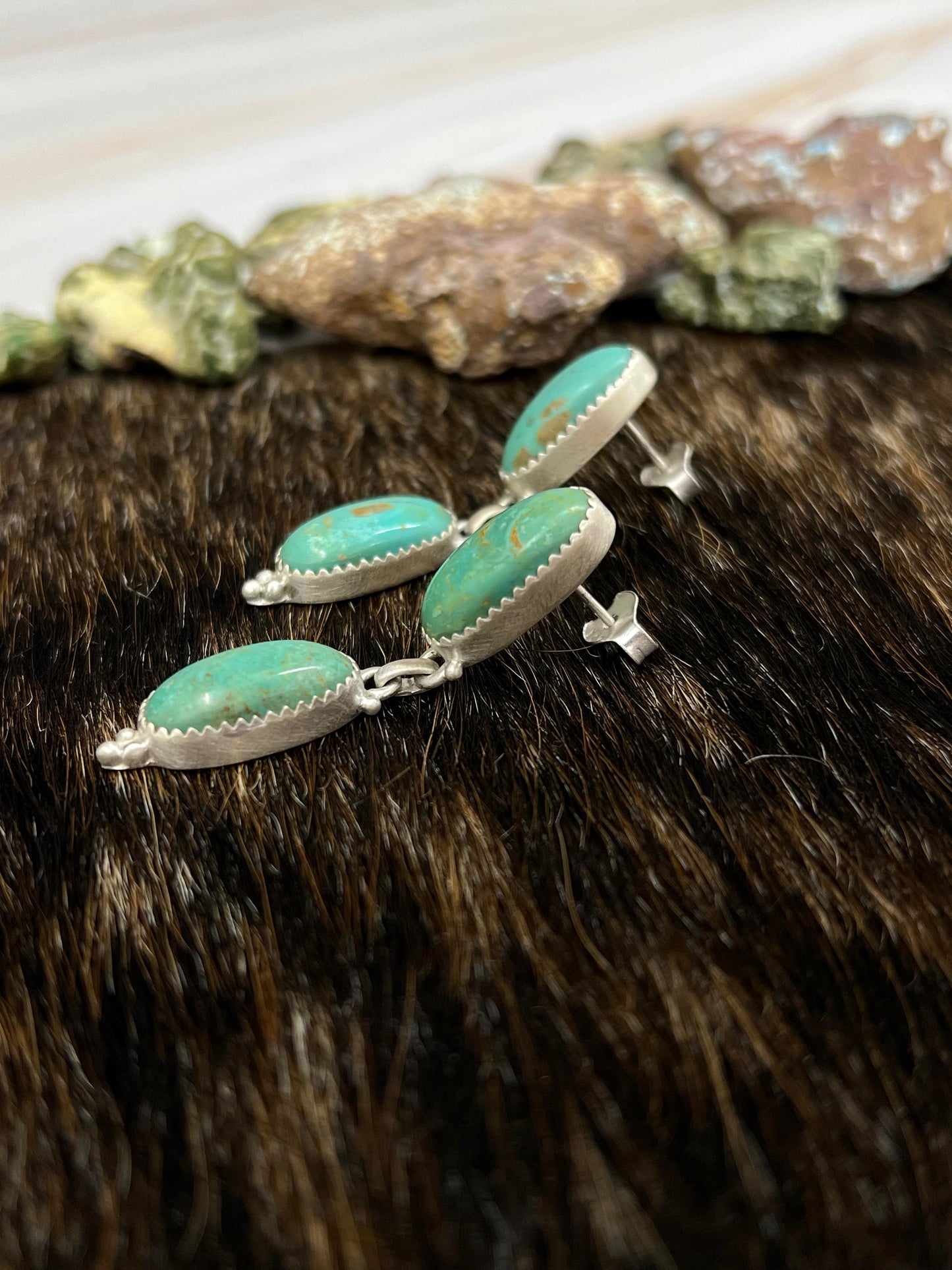 Handmade Sterling Silver Royston Turquoise Dangle Earrings with Signed Nizhoni