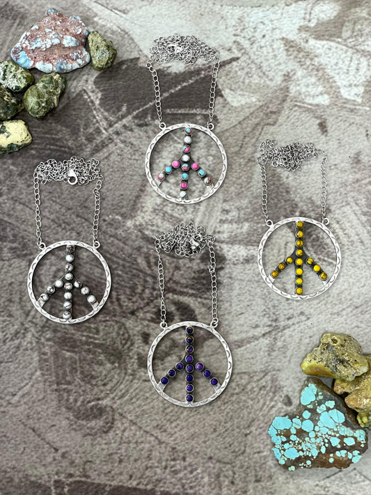 Handmade Sterling Silver Multi Stone PEACE Necklace Signed Nizhoni