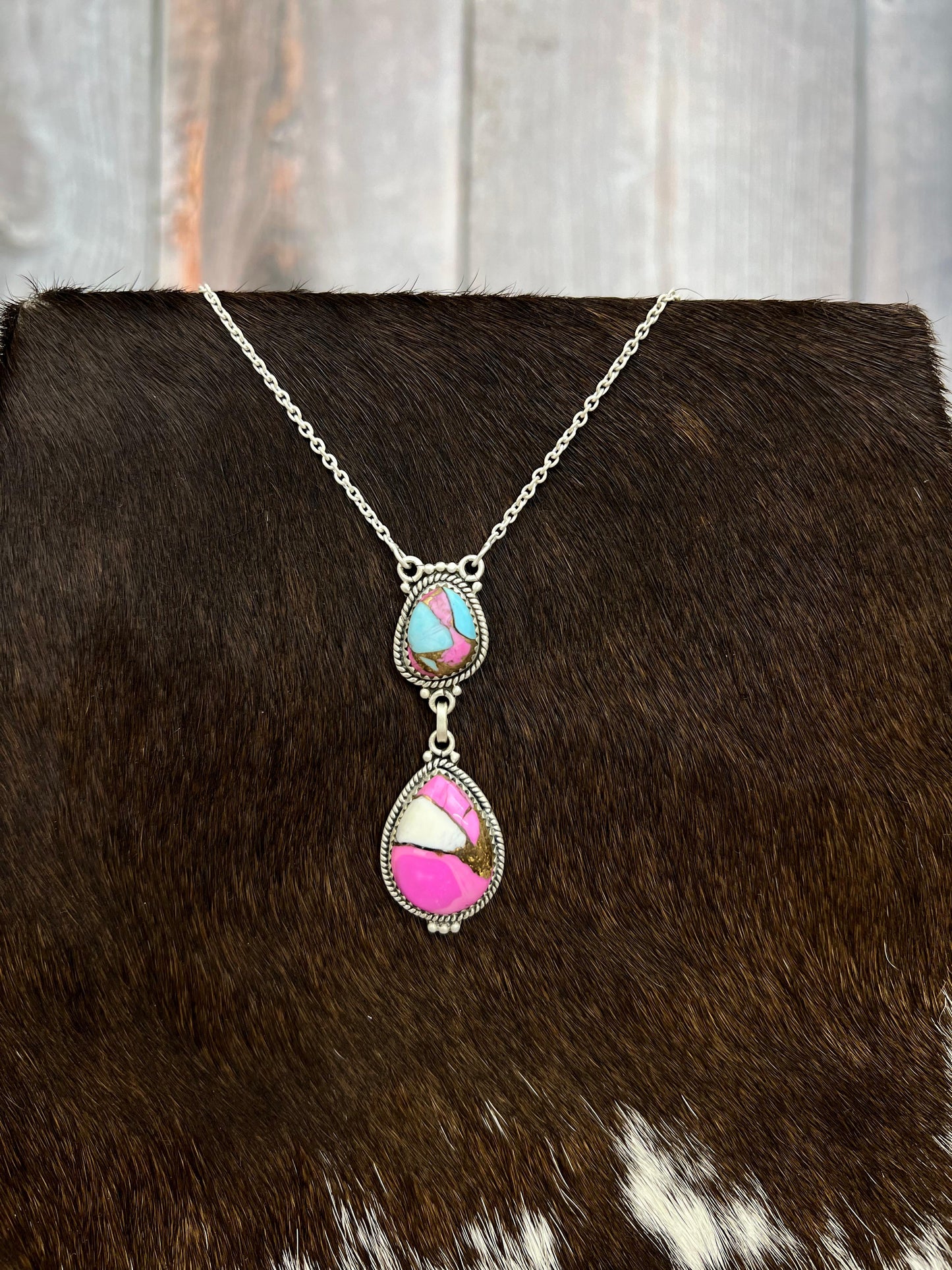 Handmade Sterling Silver Cotton Candy Turquoise Necklace with Signed Nizhoni
