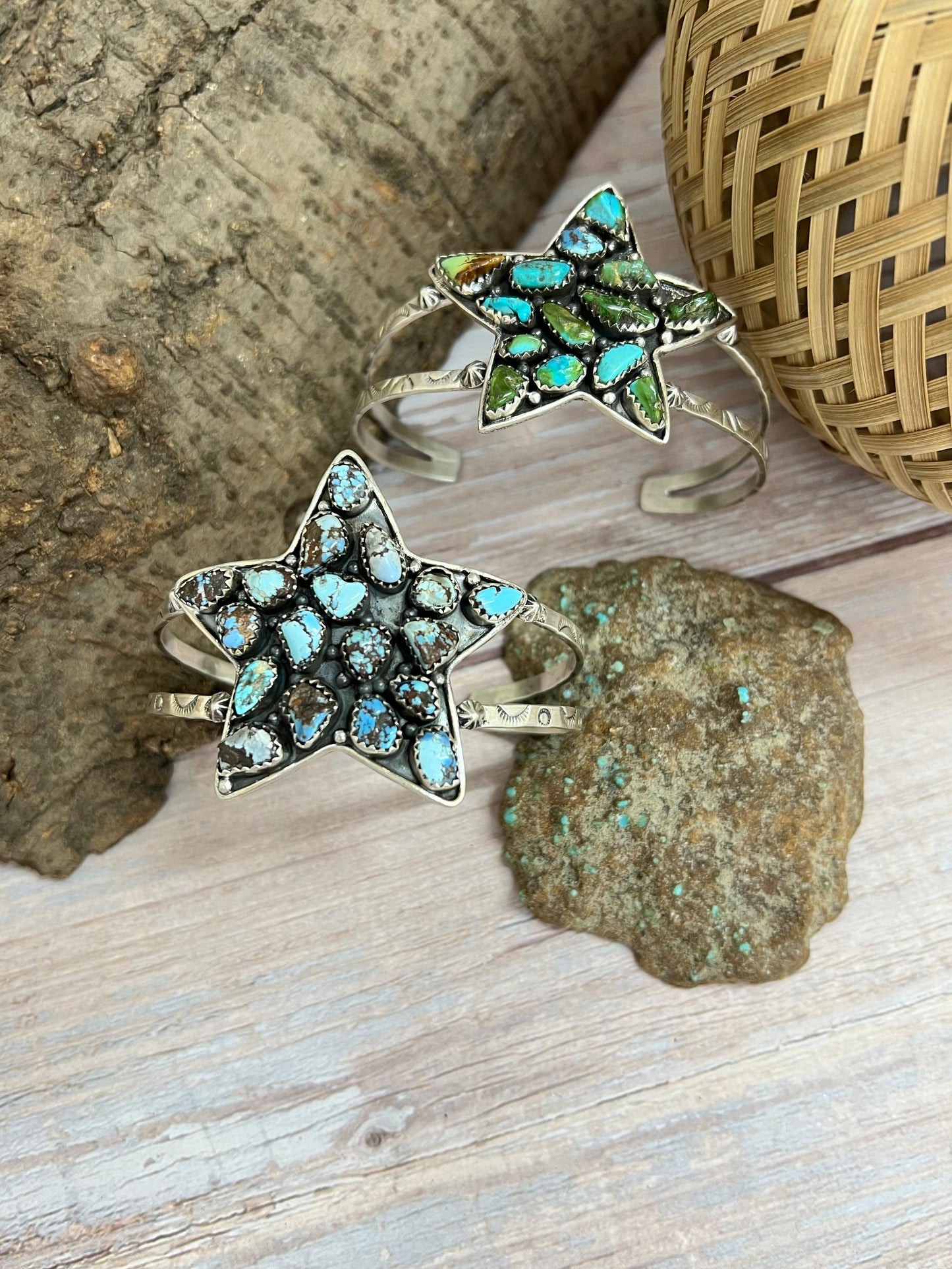 Handmade Sterling Silver Golden Hill, Sonoran Mountain Turquoise Star Bracelet with Signed Nizhoni /