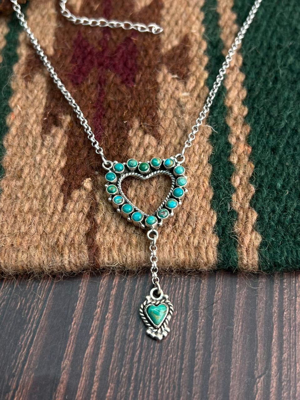 "Heart Collection" Handmade Sterling Silver Kingman Turquoise Necklace "Signed Nizhoni"