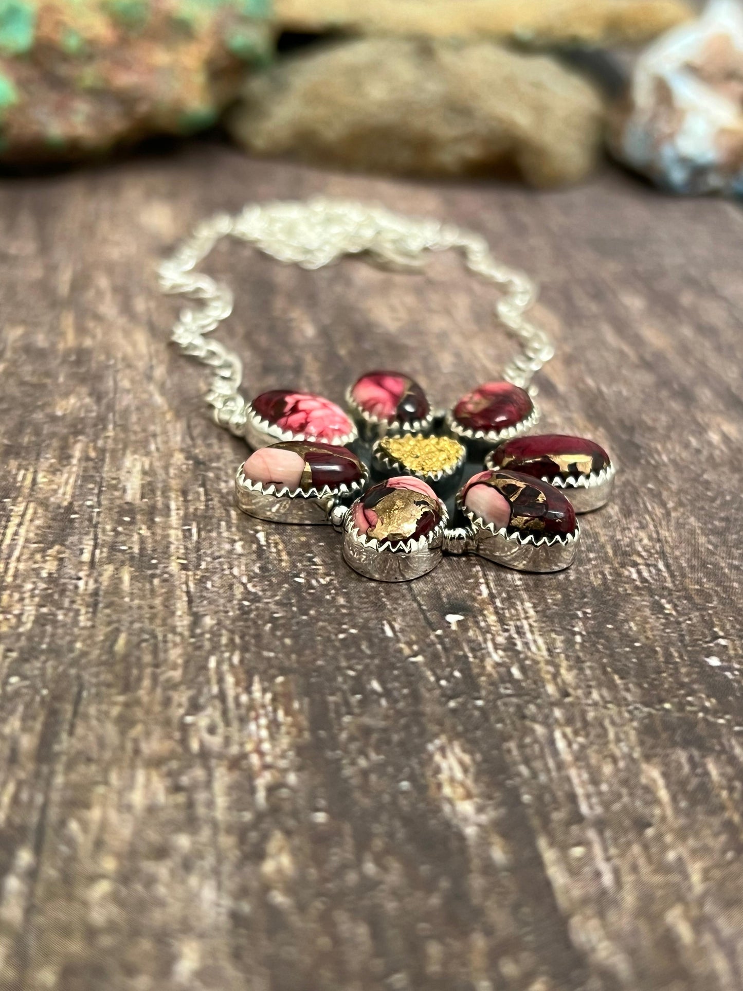 Handmade Sterling Silver Dahlia Rose with Druzy Necklace with Signed Nizhoni