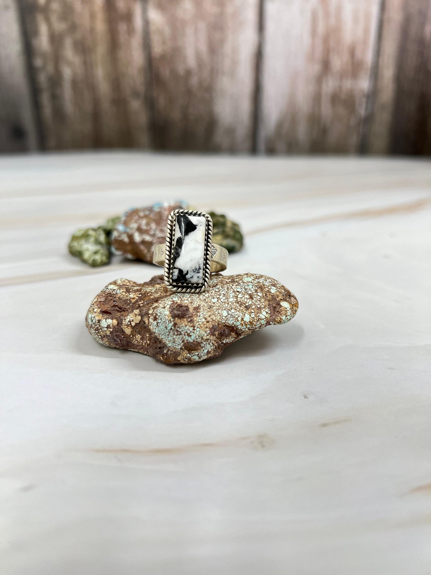 Handmade Sterling Silver White Buffalo Turquoise Adjustable Ring with Signed Nizhoni