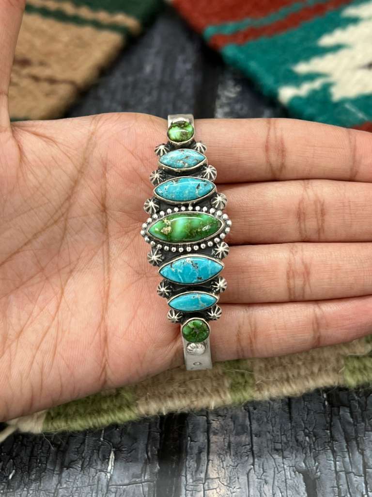 Handmade Sterling Silver Sonoran Mountain Turquoise with White Water Bracelet with Signed Nizhoni