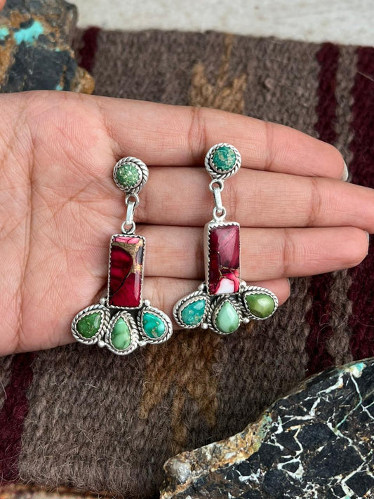 Handmade Sterling Silver Dahlia Rose with Emerald Valley Turquoise Post Earrings "Signed Nizhoni"