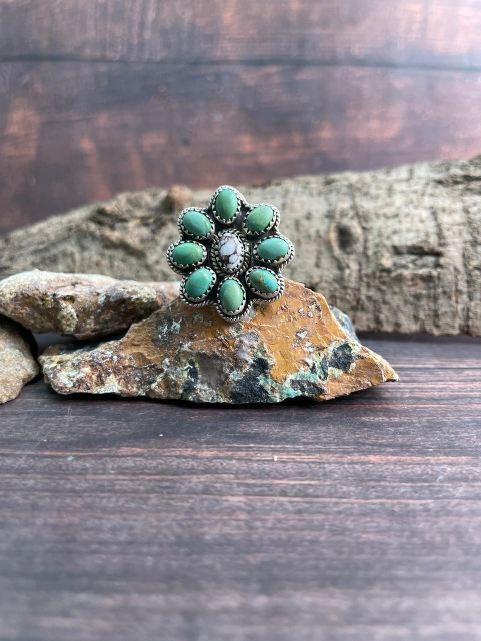 Handmade Sterling Silver Kingman with Wildhorse Magnesite Adjustable Ring "Signed Nizhoni"