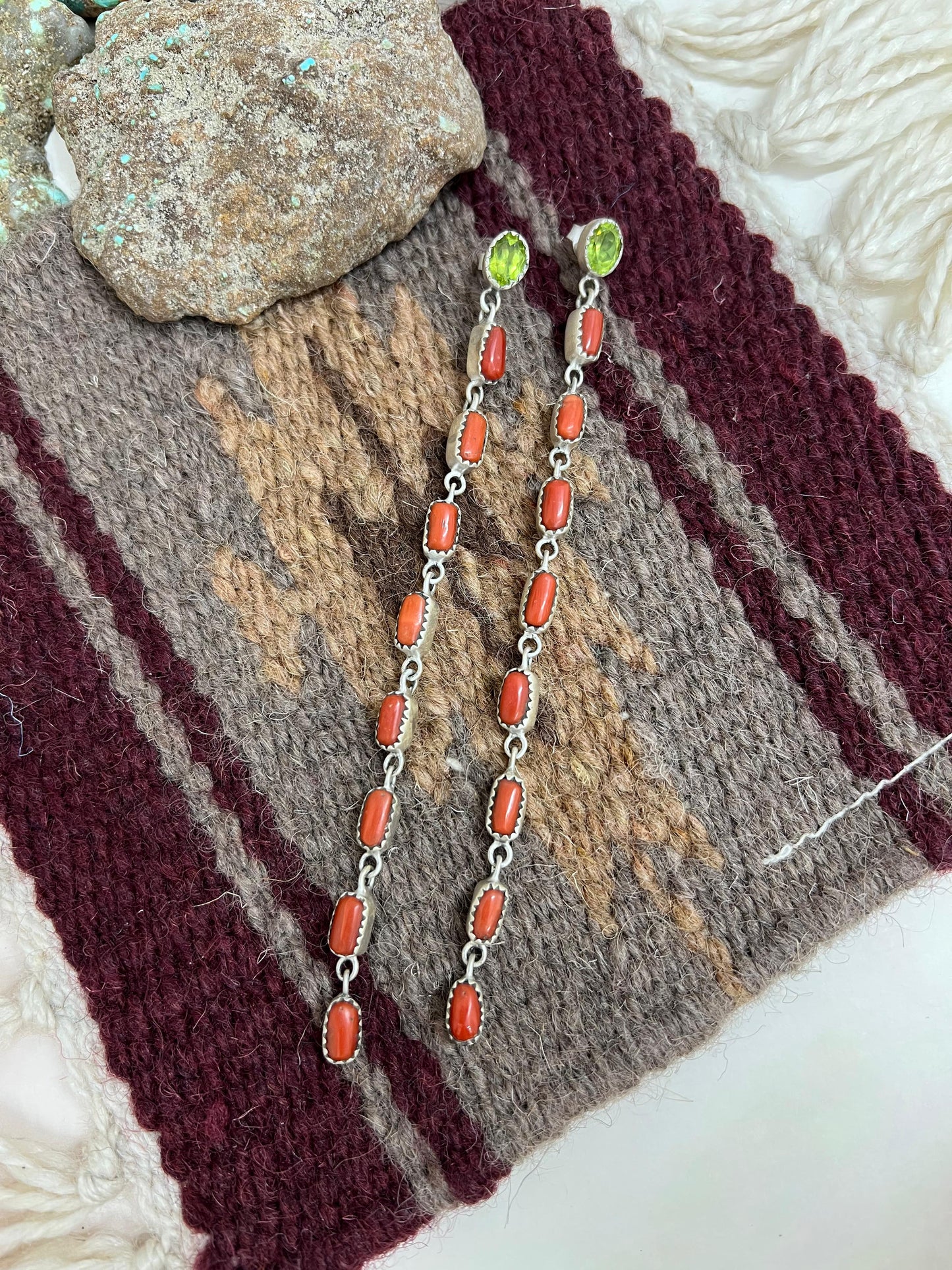 Christmas Collection Handmade Sterling Silver Coral with Peridot Dangle Earrings, Signed Nizhoni