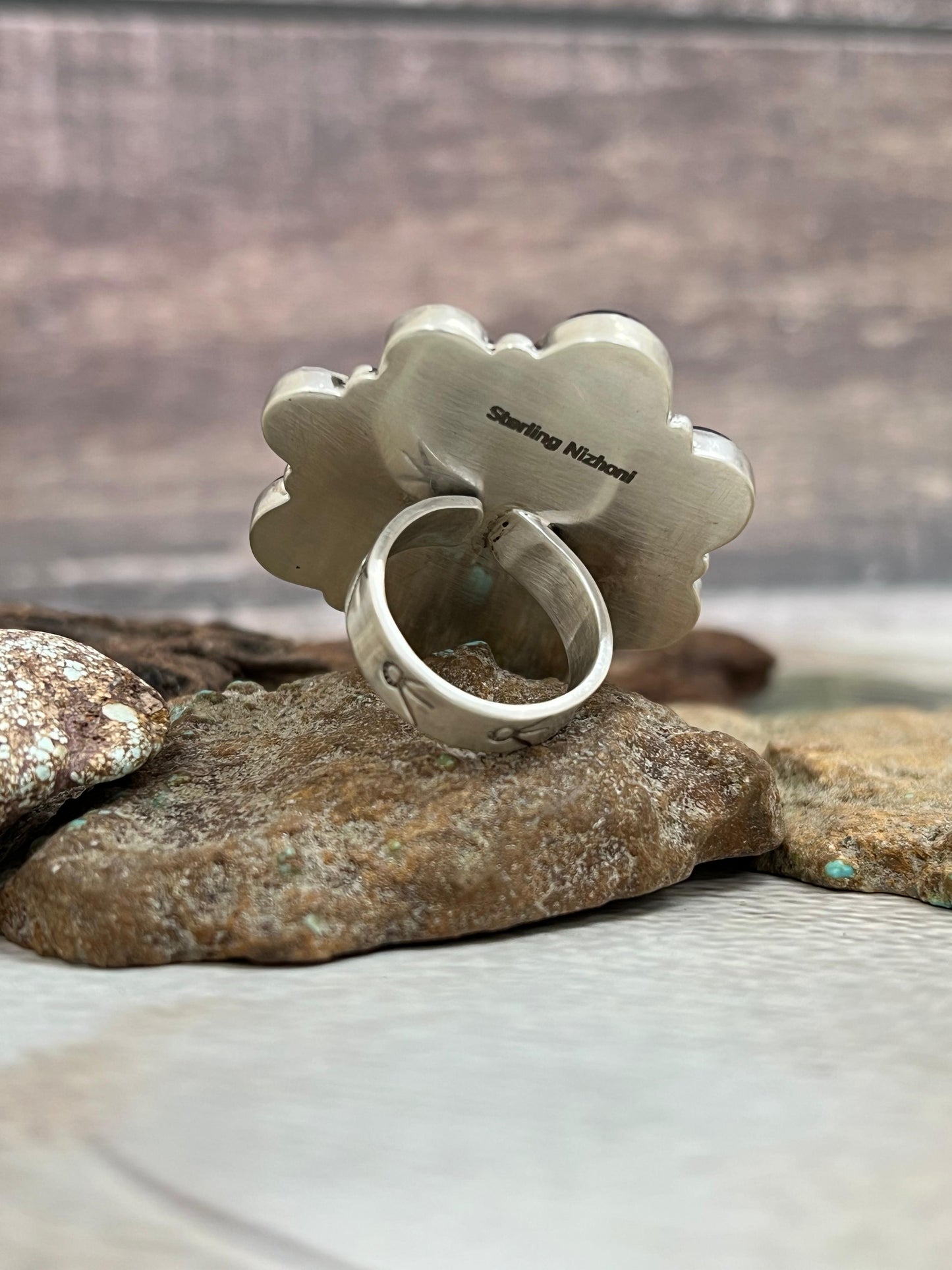 Handmade Sterling Silver Blackjack Turquoise Adjustable Ring Signed Nizhoni