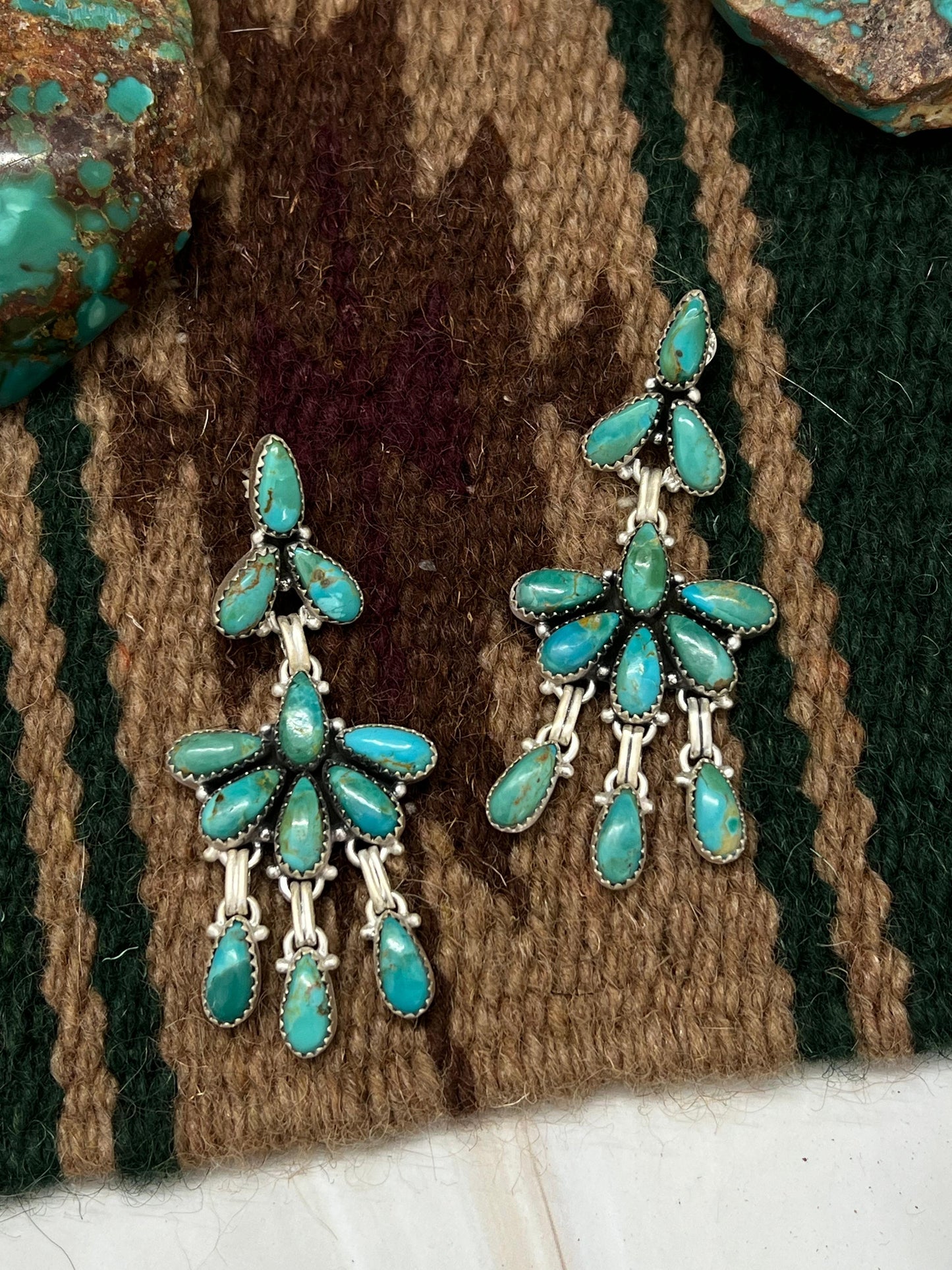 Handmade Sterling Silver Kingman Turquoise Post Dangle Earrings with Signed Nizhoni