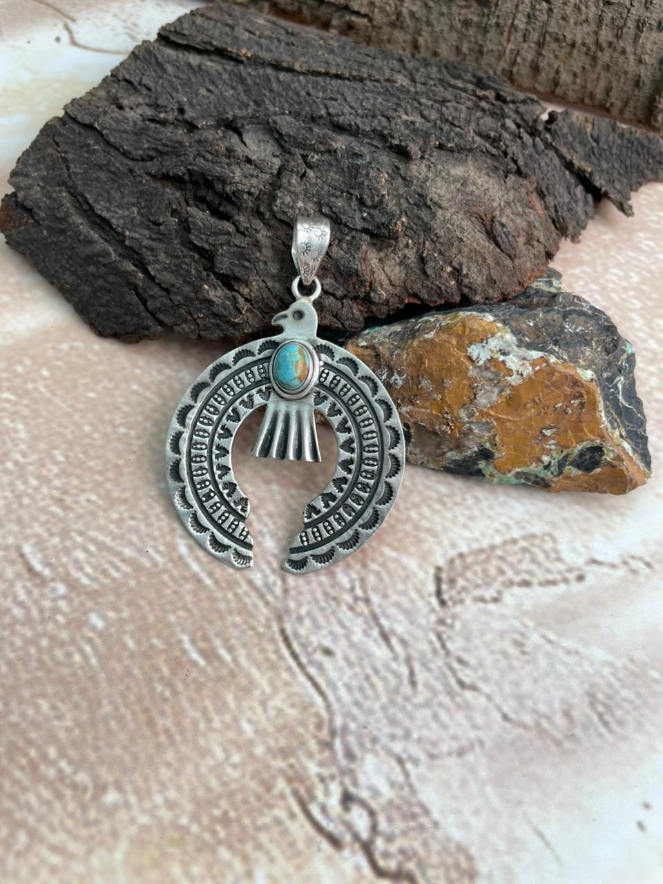 Handmade Sterling Silver Kingman Turquoise Naja Pendant "Signed Nizhoni" (3)
