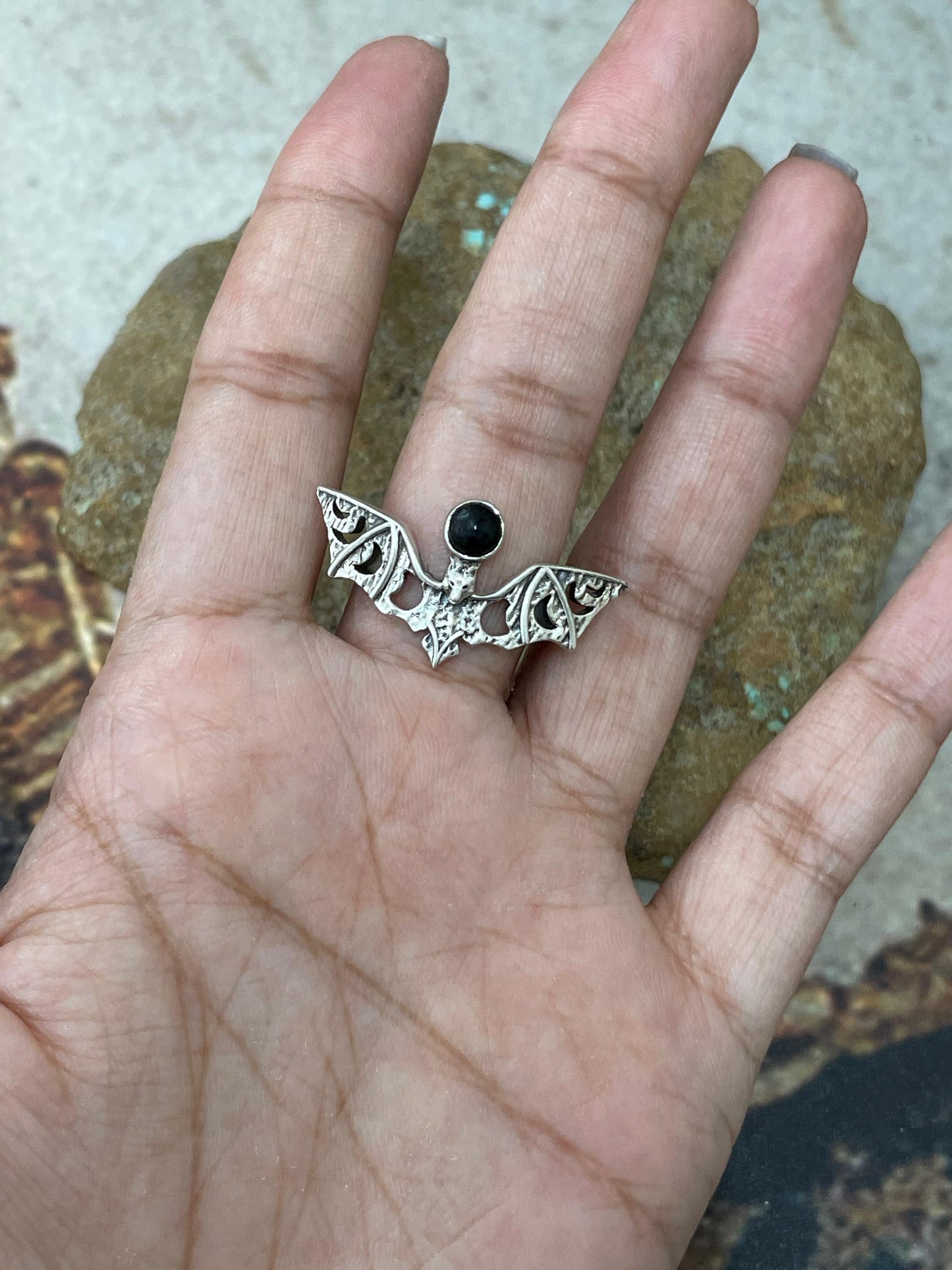 "Halloween Collection" Handmade Sterling Silver Black Onyx Bat Ring with Signed Nizhoni
