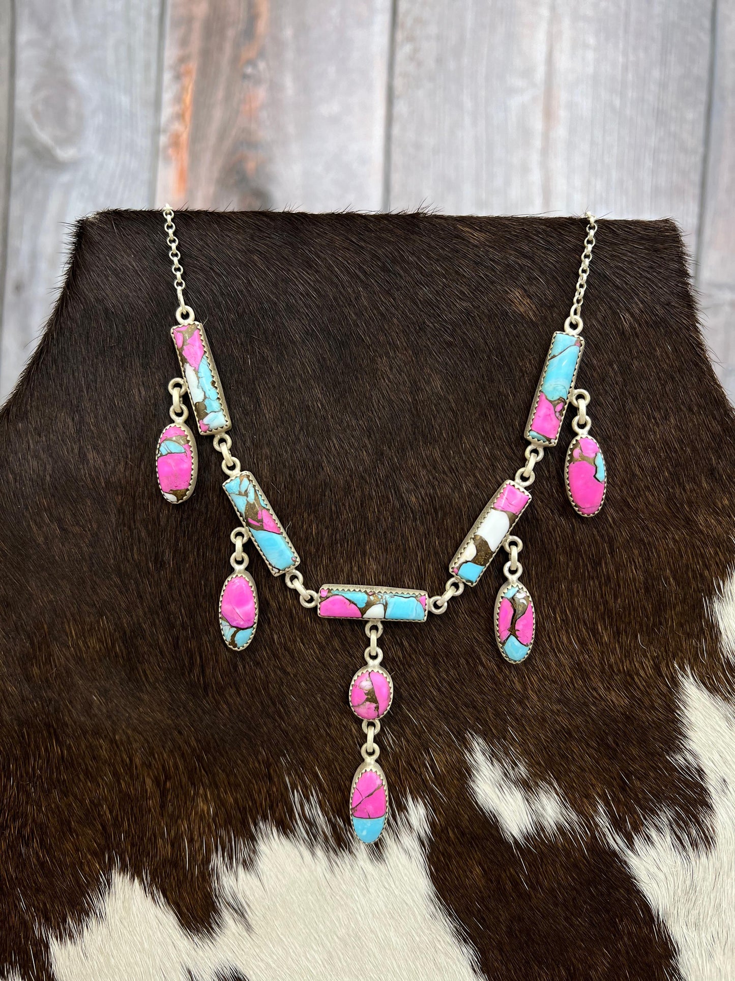 Handmade Sterling Silver Cotton Candy Turquoise Necklace with Signed Nizhoni