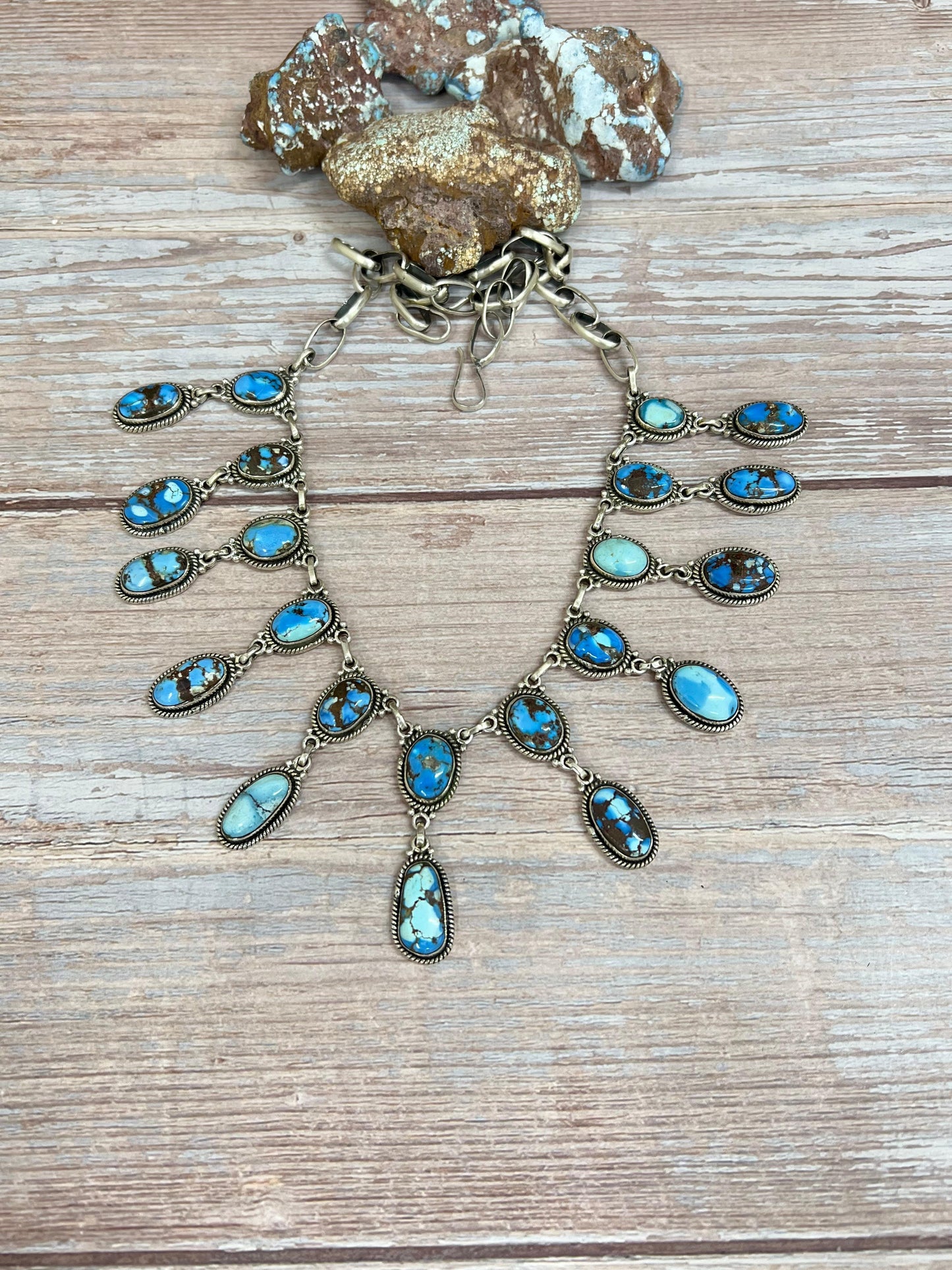 Handmade Sterling Silver Golden Hills Turquoise Necklace with Signed Nizhoni