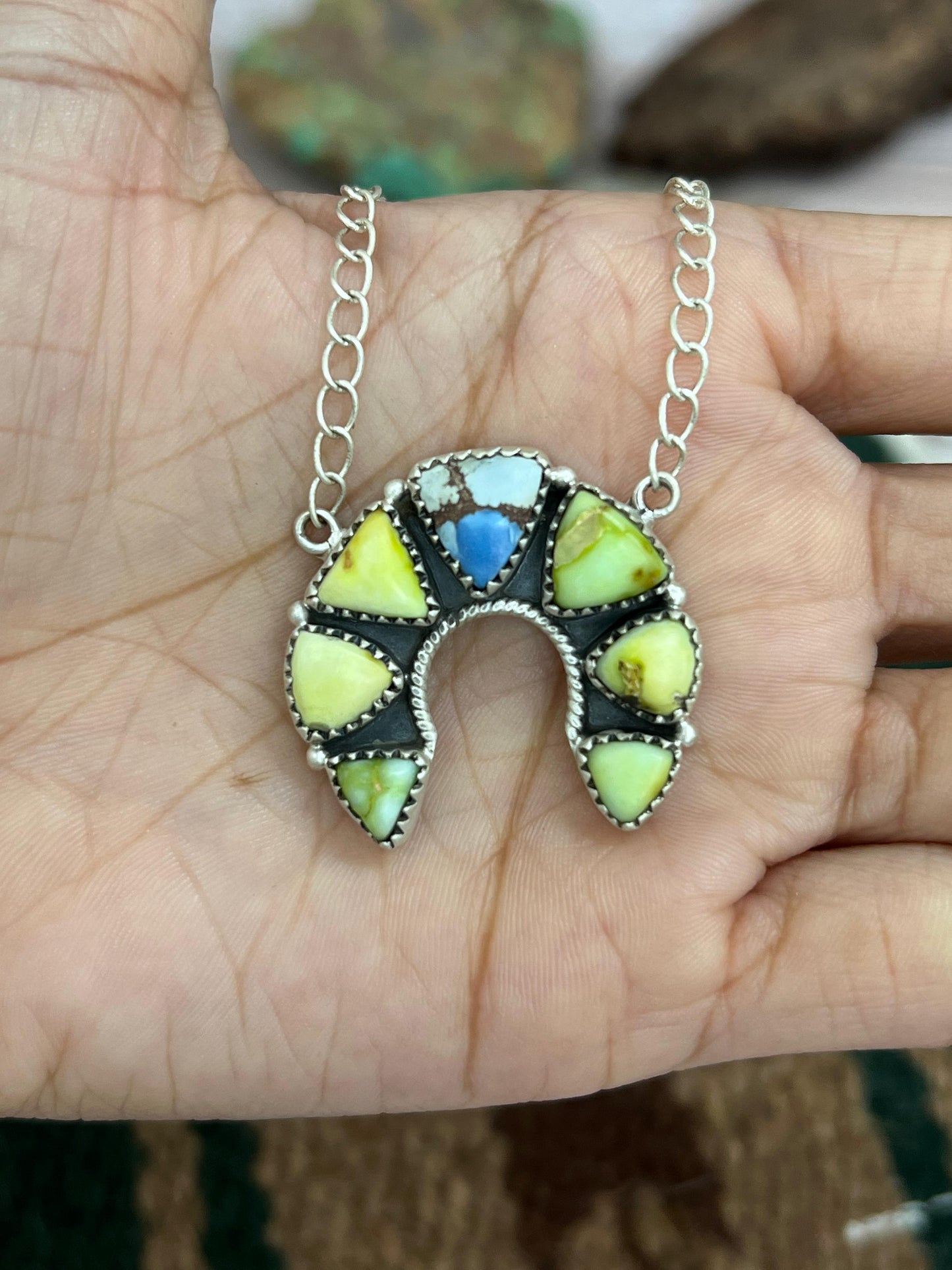 Handmade Sterling Silver Palomino, Golden Hills Turquoise Naja Necklace with Signed Nizhoni