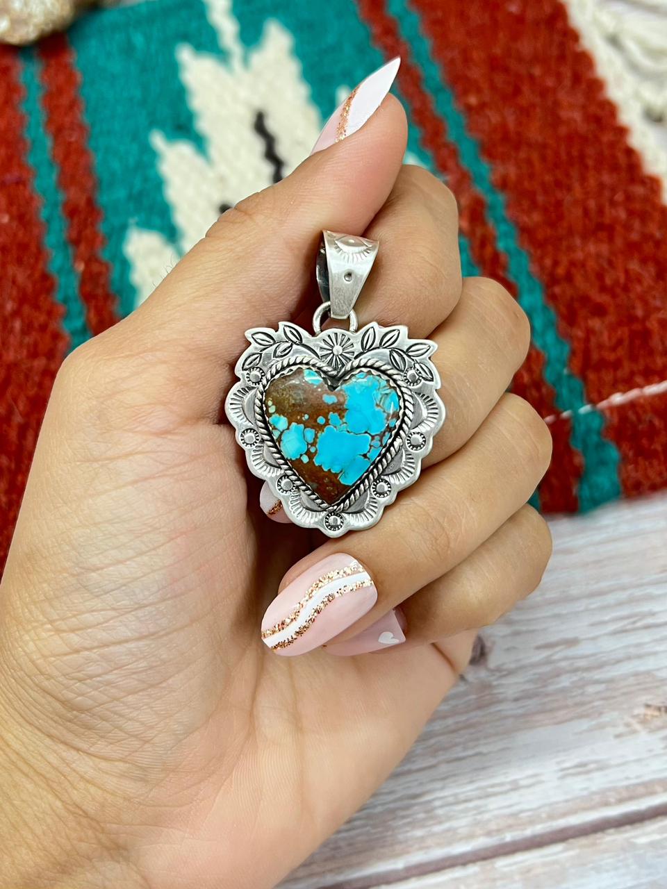Handmade Sterling Silver Number 8 Turquoise Heart Pendant "Signed Nizhoni"
