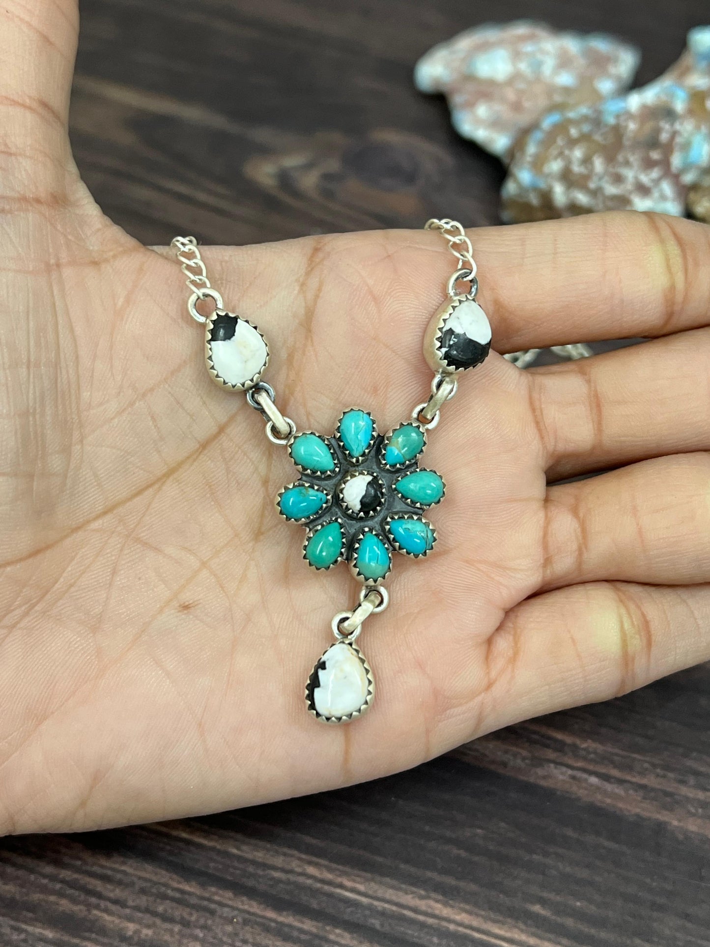 Handmade Sterling Silver Kingman with White Buffalo Necklace with Signed Nizhoni (9)