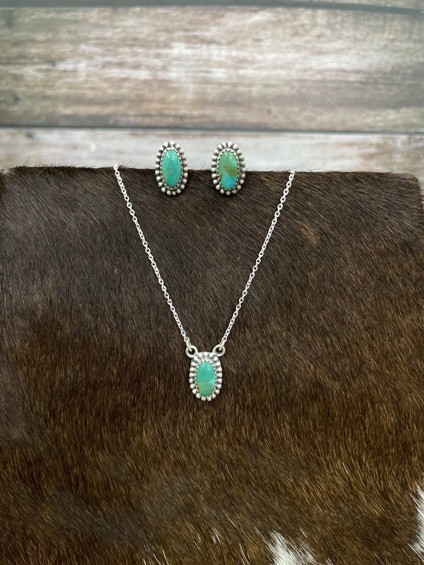 Handmade Sterling Silver Kingman Turquoise Necklace Earrings Set with Signed Nizhoni