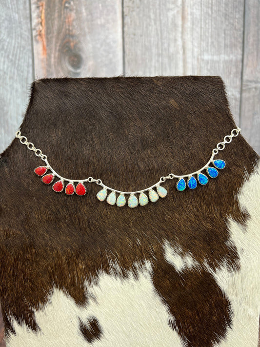 ** 4TH OF JULY ** Handmade Sterling Silver Synthetic Opal Necklace with Signed Nizhoni