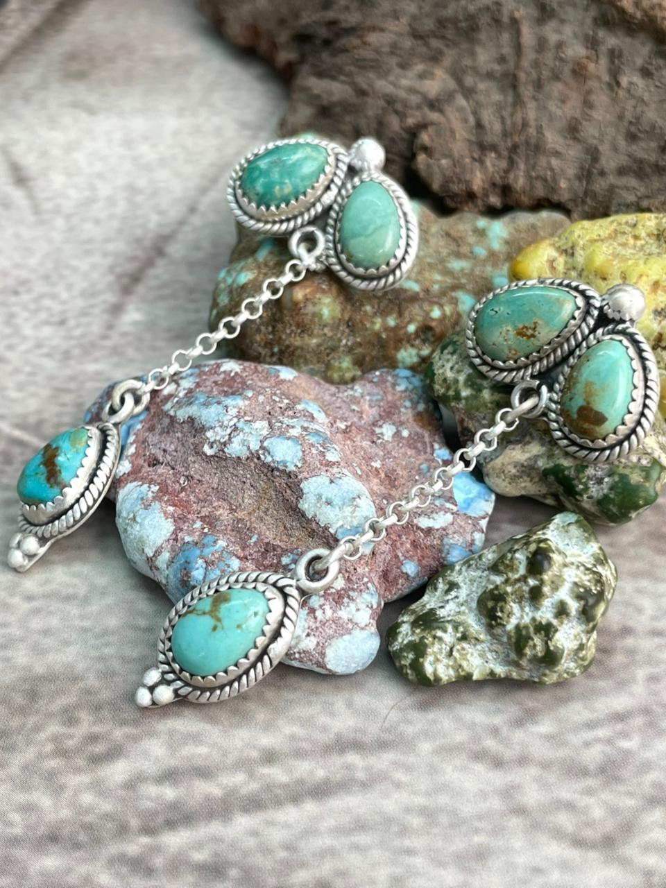 Handmade Sterling Silver Old stock Royston Turquoise Post Dangle Earrings "Signed Nizhoni"
