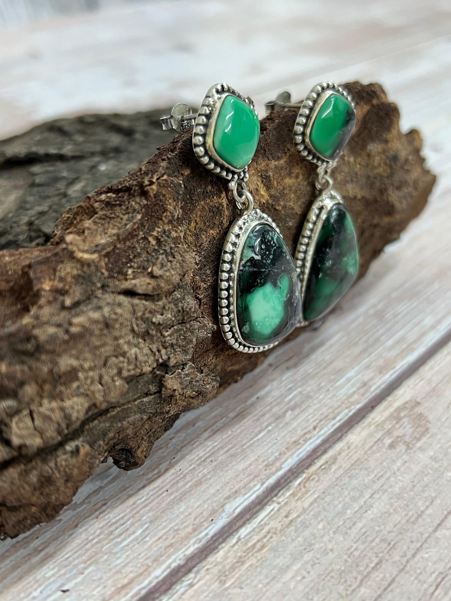 Handmade Sterling Silver Emerald Rose Post Dangle Earrings with Signed Nizhoni