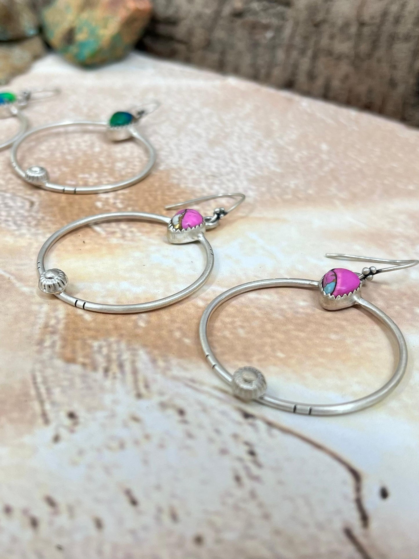 Handmade Sterling Silver Peacock Dahlia, Cotton Candy Turquoise Hook Earrings with Signed Nizhoni