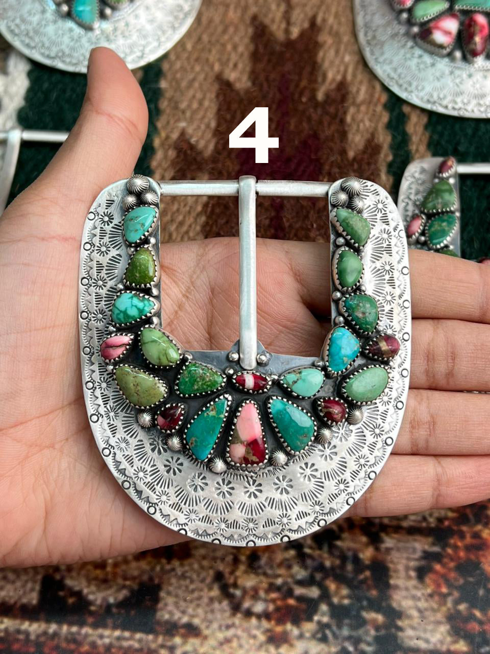 Handmade Sterling Silver Dahlia Rose with Emerald Valley Turquoise Buckle "Signed Nizhoni"