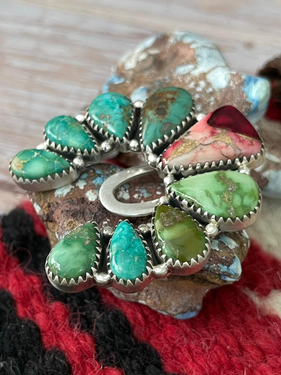 Handmade Sterling Silver Dahlia Rose with Emerald Valley Turquoise Purse Key Clip "Signed Nizhoni"