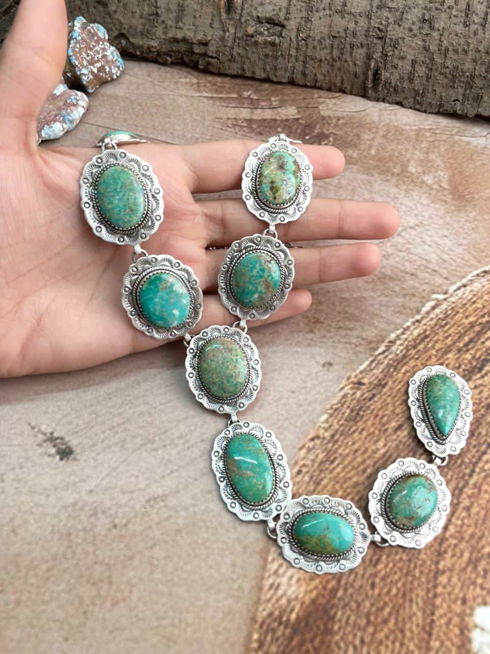 Handmade Sterling Silver Mantis Turquoise Necklace with Signed Nizhoni