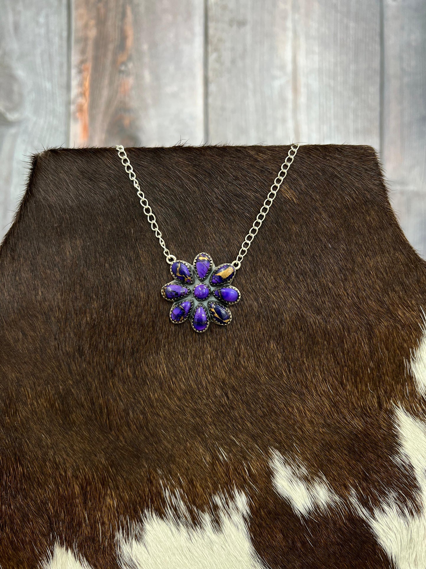 Handmade Sterling Silver Grape Dahlia Flower Necklace with Signed Nizhoni