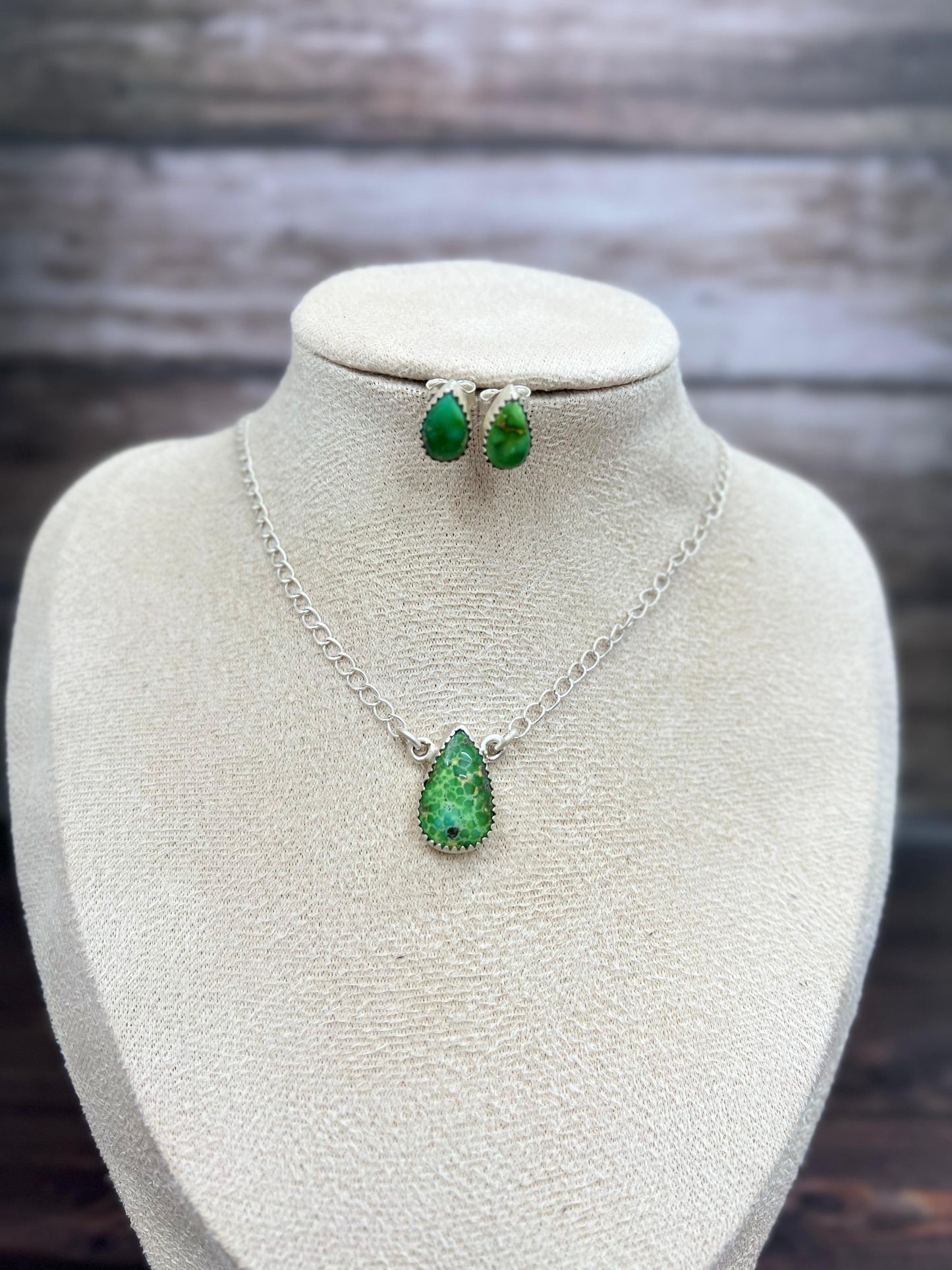 Handmade Sterling Silver Sonoran Mountain Turquoise Necklace Earrings Set with Signed Nizhoni