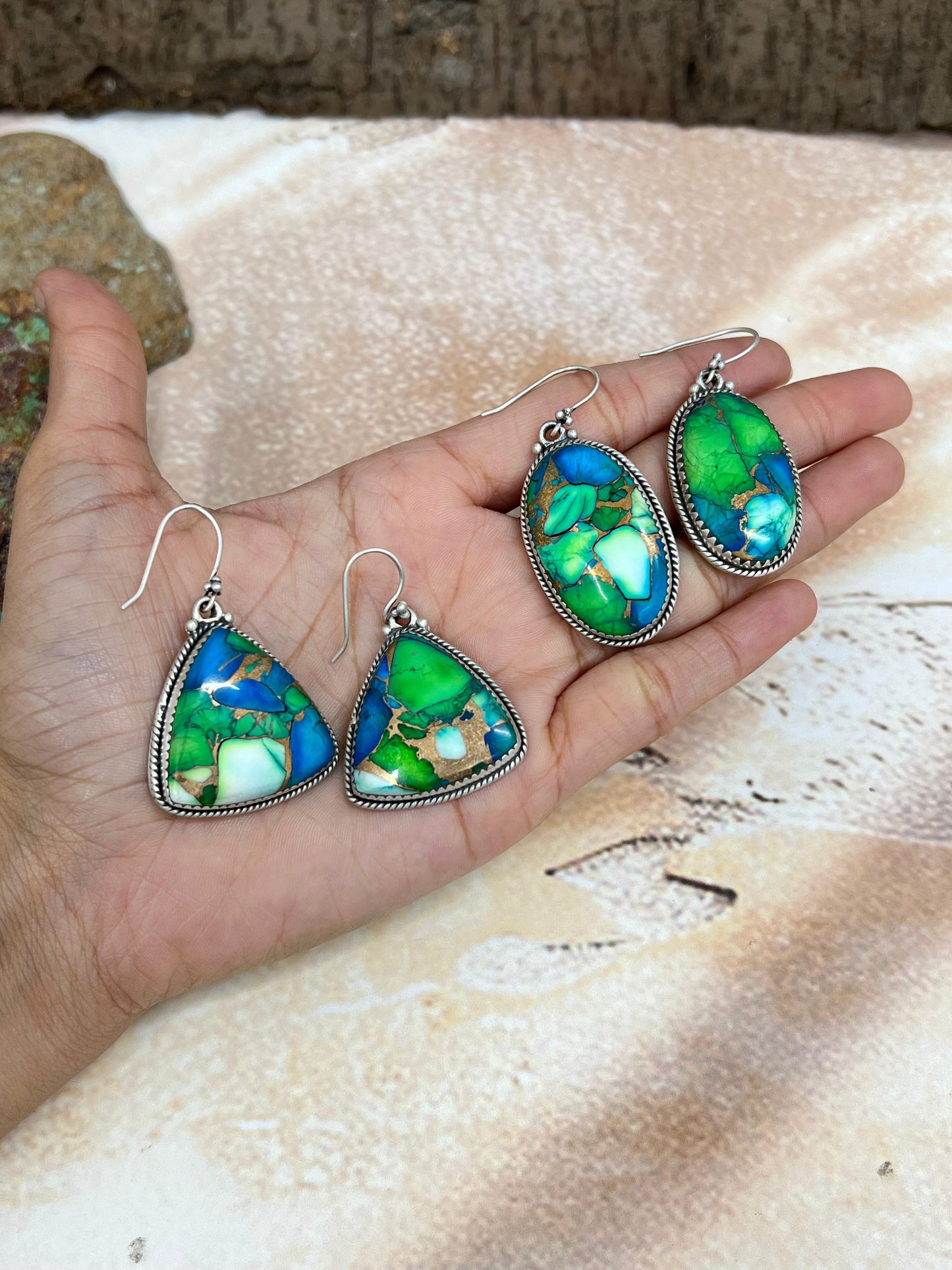 Handmade Sterling Silver Peacock Dahlia Hook Earrings with Signed Nizhoni