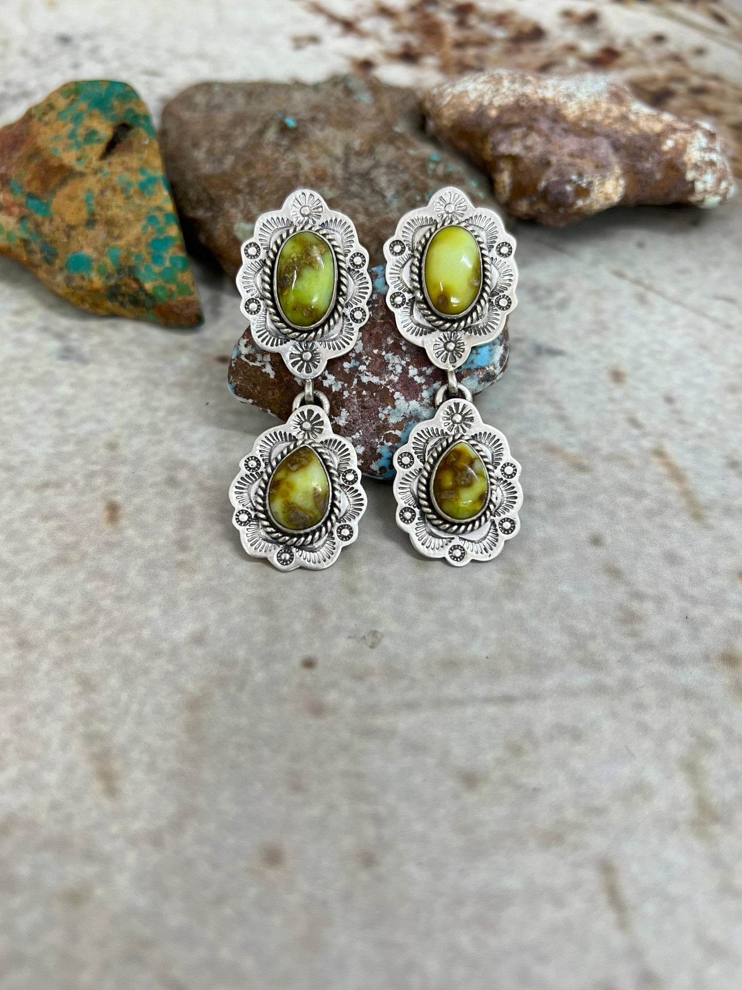 Handmade Sterling Silver Palomino Turquoise Post Dangle Earrings with Signed Nizhoni (1)