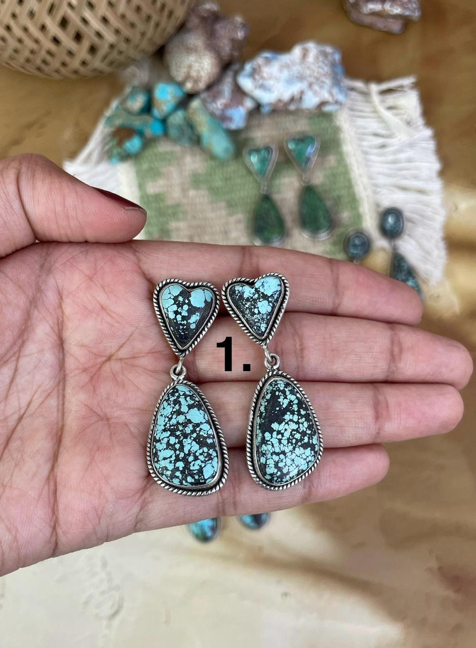 Handmade Sterling Silver Lander Turquoise Post Earrings, Signed Nizhoni